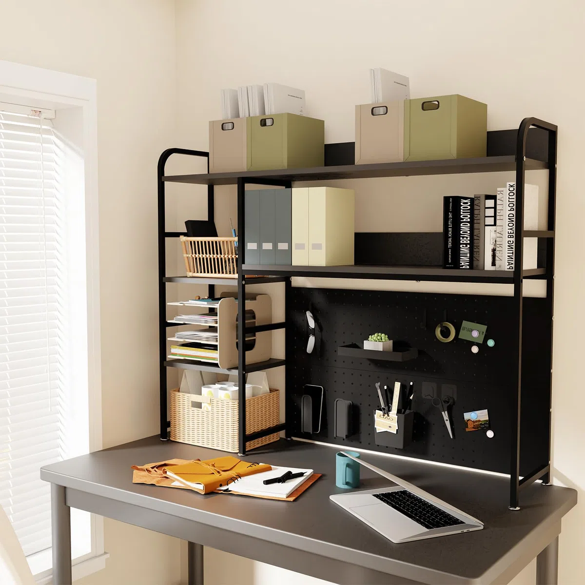 2-Ebene Schreibtisch Regal mit Lagerstand, schwarz 110CM, Desktop Organizer mit Festplatte