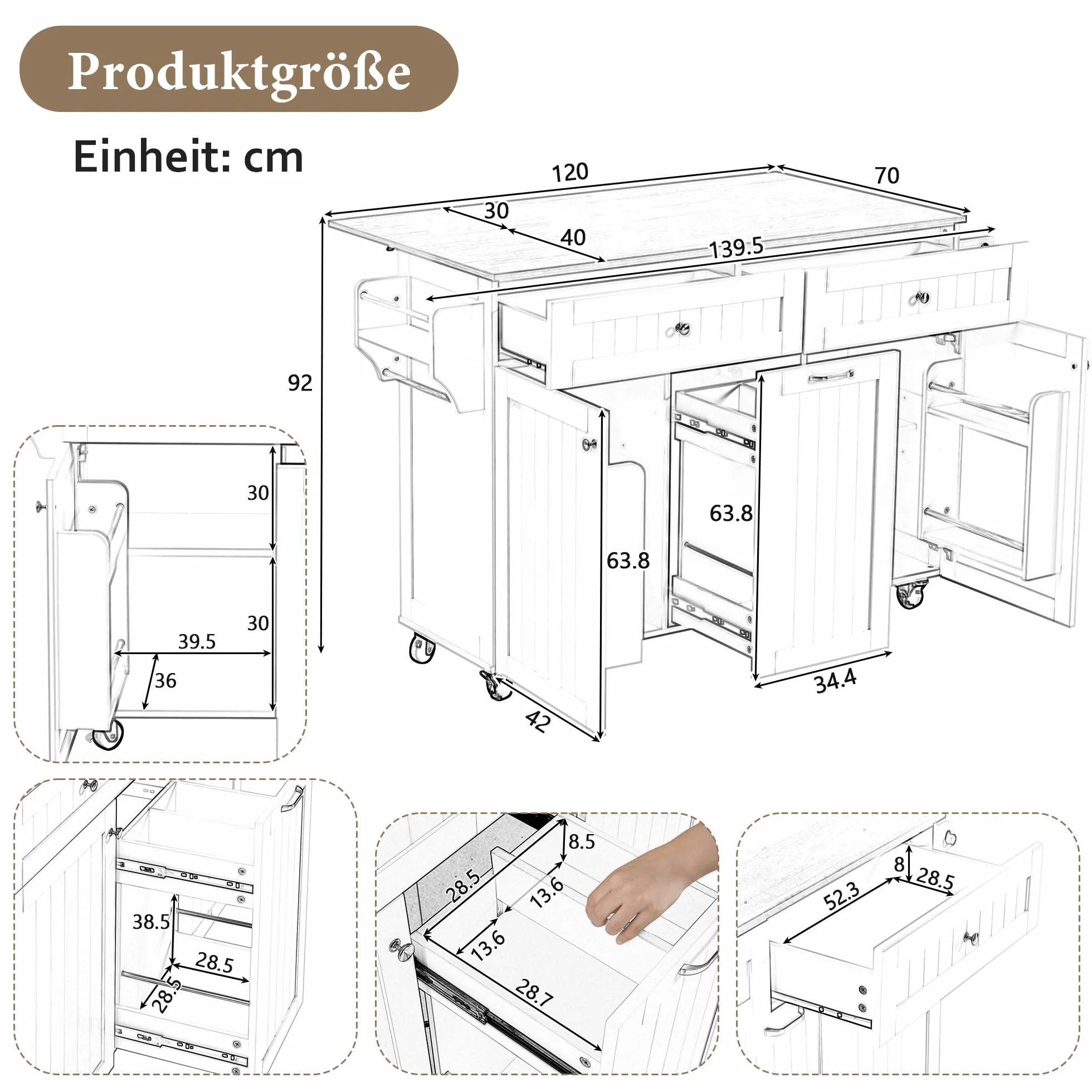 Küchenschrank mit Klappbarer Arbeitsplatte, Verstellbare Trennwand, Küchenwagen mit 5 Rollen, Freistehende Kücheninsel mit 3 Schubladen, 139.5 x 40(70) x 92 cm, Weiß