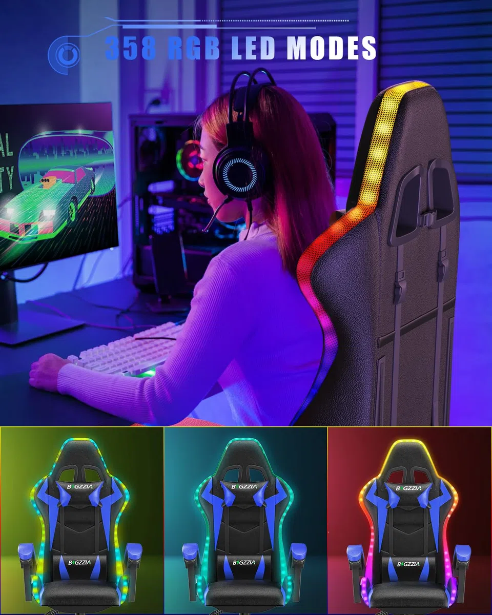 bigzzia Gaming Stuhl mit LED - Gaming Sessel Ergonomischer PC Stuhl mit Kopfstütze, Gamer Stuhl RGB Licht Beleuchtung Computerstuhl, Gamer Chair für Jugendliche und Erwachsene, Schwarz-blau