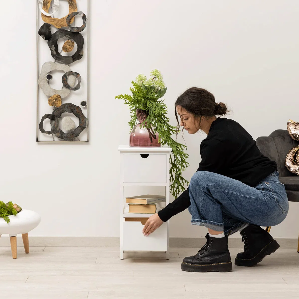 Baroni Home Nachttisch, Wohnzimmer, Wohnzimmer, Schlafzimmer, Schlafzimmer, Badezimmer, Mehrzweckschrank, Weiß 2 Schubladen, 1 Einlegeboden Größe 30X30X61 cm