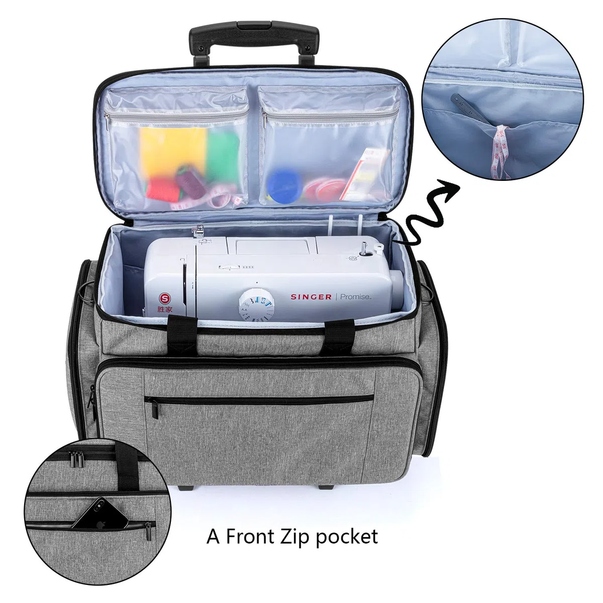Luxja Nähmaschinentasche mit abnehmbarem Trolley, Rollende Nähmaschinentasche mit abnehmbarem Bodenpolster (passend für die meisten Standardnähmaschinen), Patentiertes Design, Grau