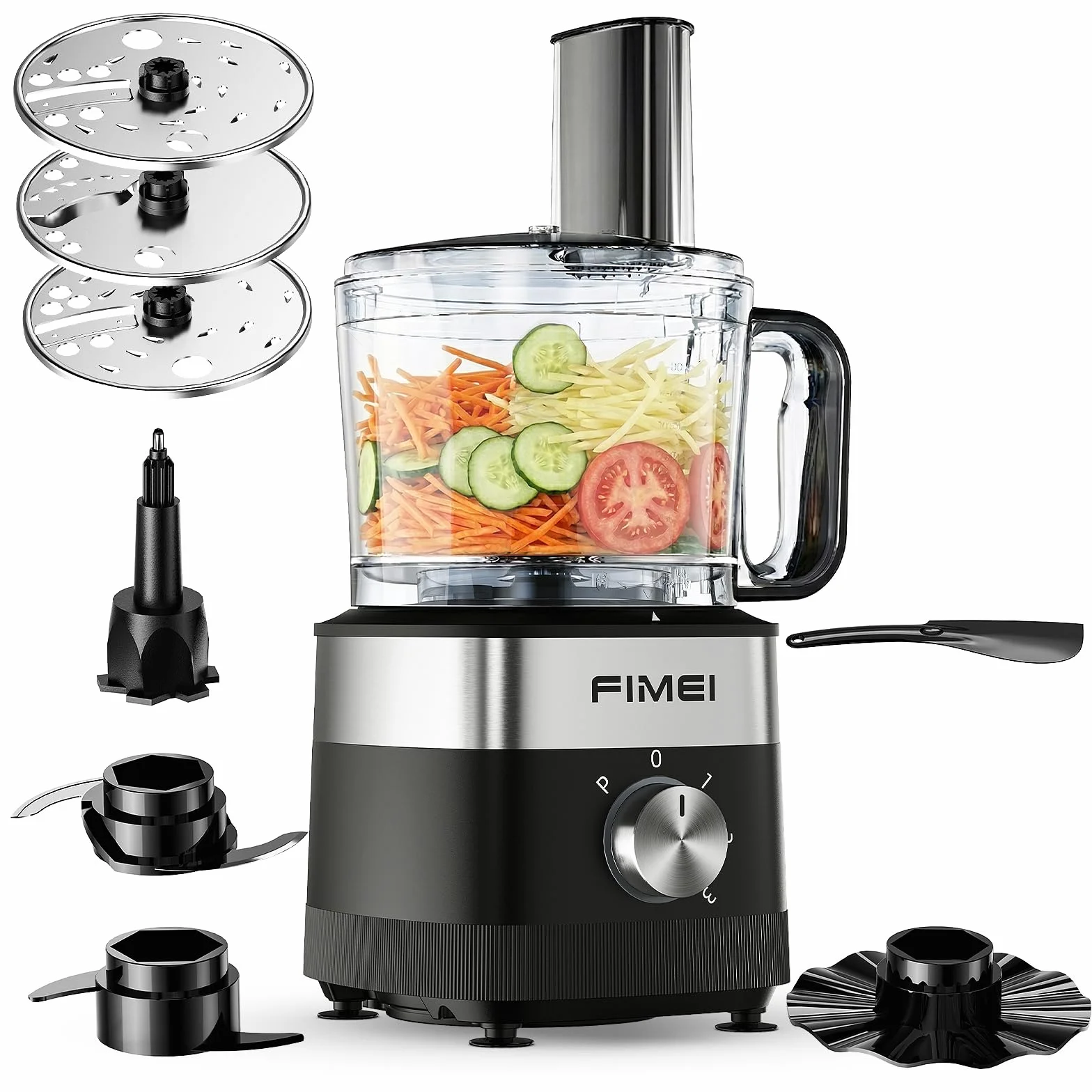 FIMEI Küchenmaschine 800W, 3 Geschwindigkeiten & Pulsfunktion, 1,5L Zerkleinerer, Teigkneter, Raspel, Wendeschneider, Emulgierscheibe, Doppelverriegelung, Kompakt & Platzsparend