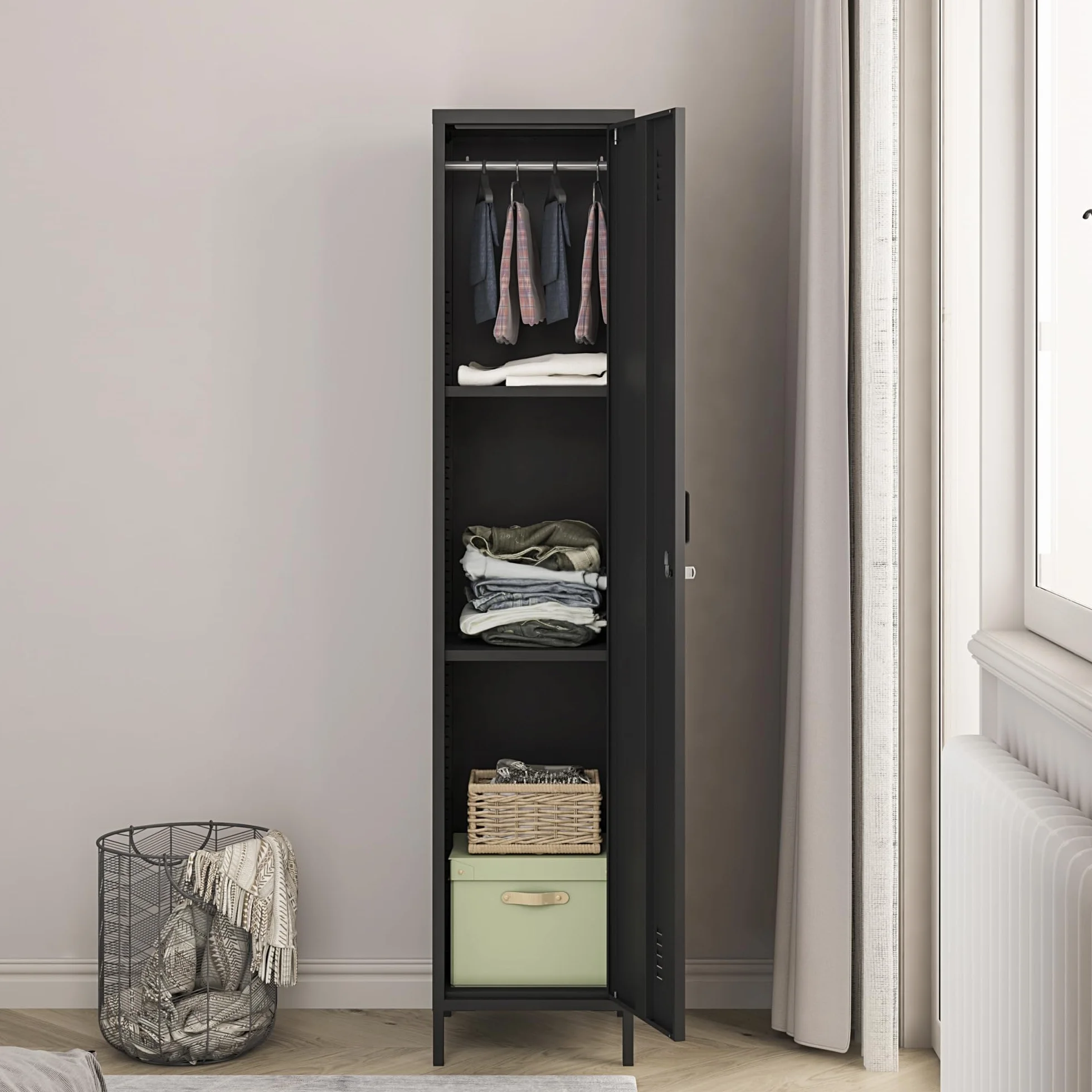 Kleiderschrank Seinäjoki Spind 180 x 38 x 38 cm Metallschrank abschließbar Stahl Schwarz
