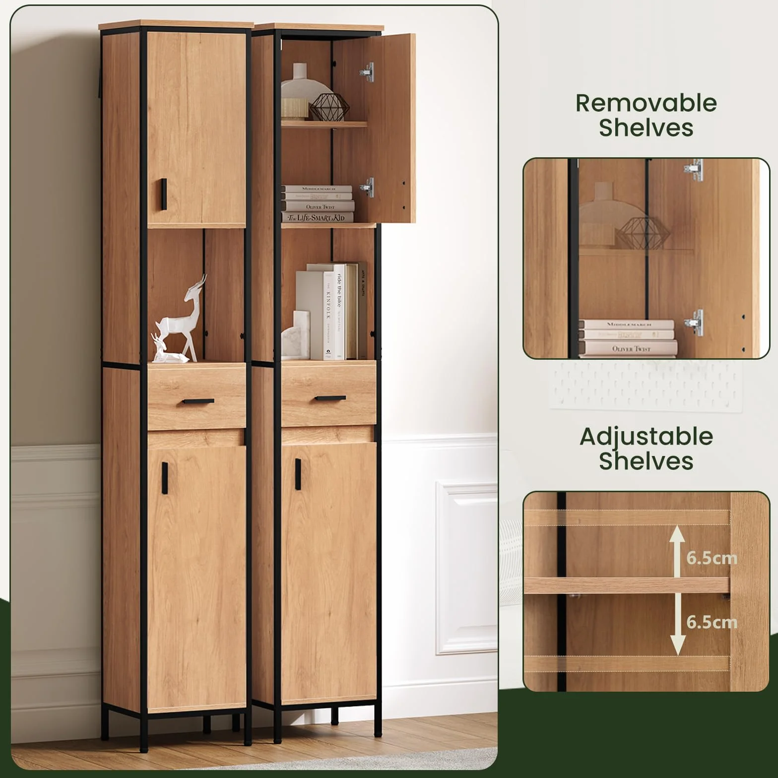 EUGAD Badezimmerschrank, Badschrank schmal, Hochschrank Badezimmer, Bad Schrank stehend, mit Schublade, offenem Fach, verstellbaren Ablagen, 30x180x30 cm, schwarz helle Eiche