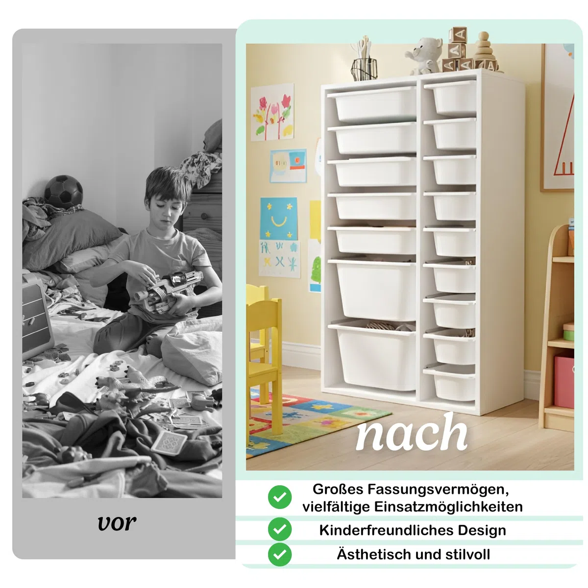 LEOKIDS Spielzeugaufbewahrung mit 16 Boxen – Kinderregal Spielzeugschrank Organizer Weiß MDF