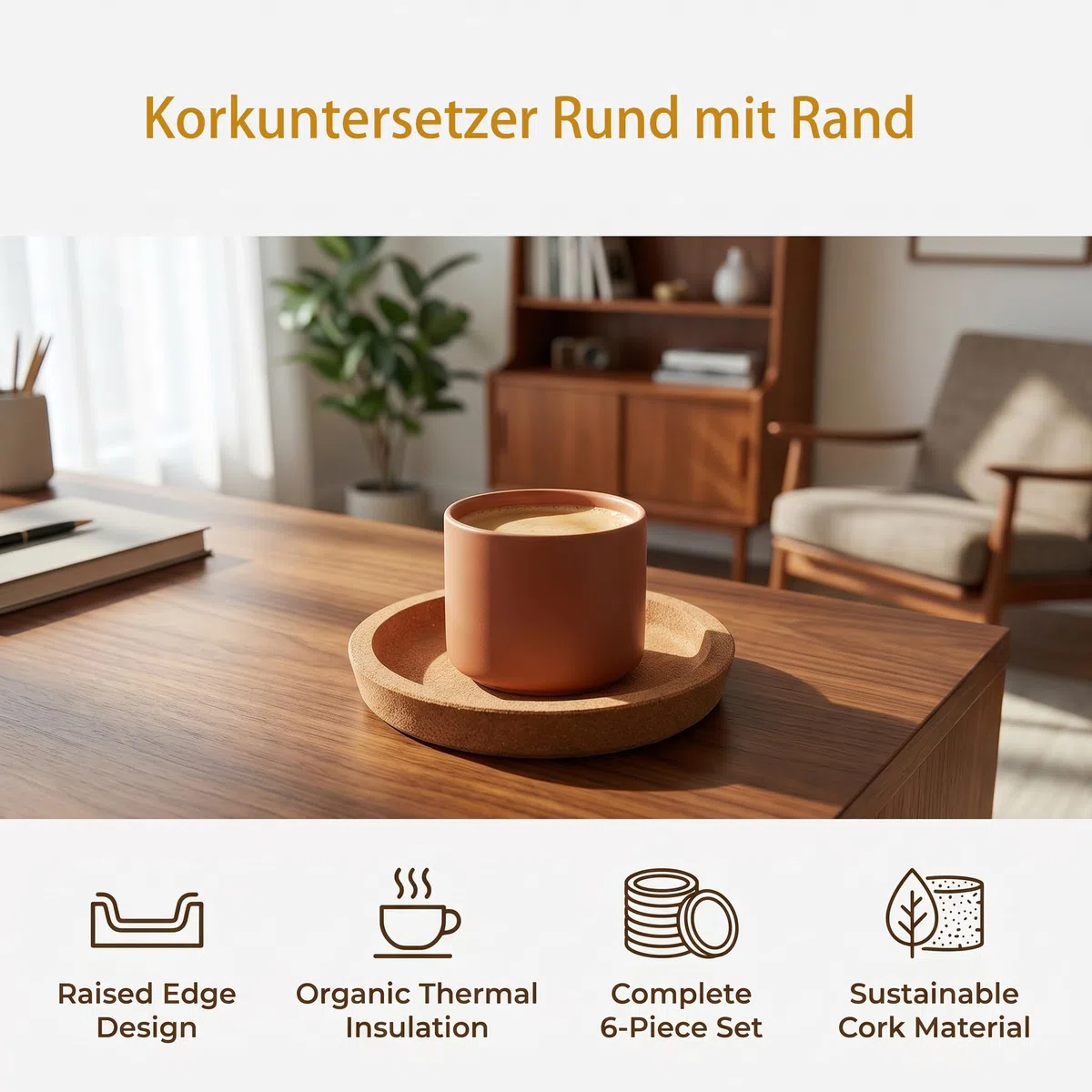 Korkuntersetzer Rund mit Rand, 6 Stück 10cm Kork-Untersetzer Absorbierende HitzebestäNdige, Holzuntersetzer für Gläser Tassen Vasen, Tassenuntersetzer für Hause Büro
