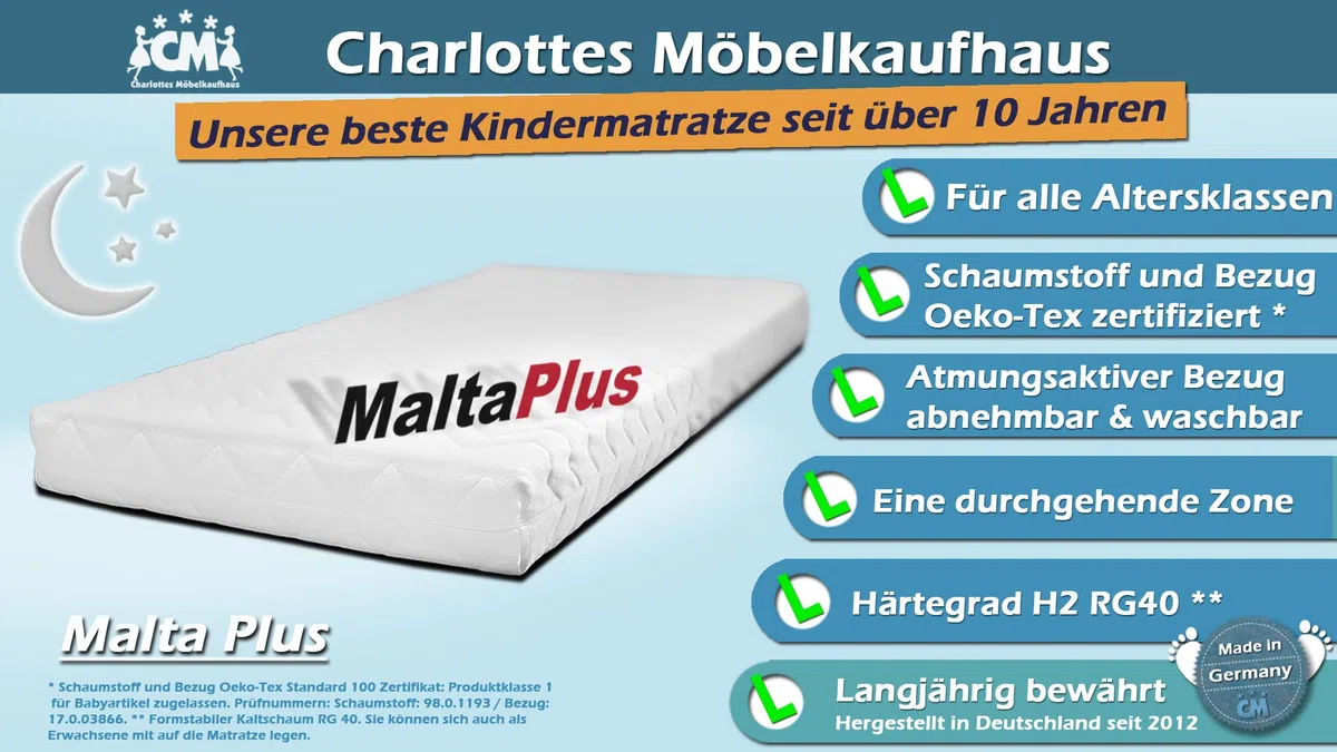 Malta Plus Kindermatratze 90x190 cm Matratze Kinderbett Atmungsaktiv aus Kaltschaum Schaumstoff H2 Frotteebezug Made in Germany