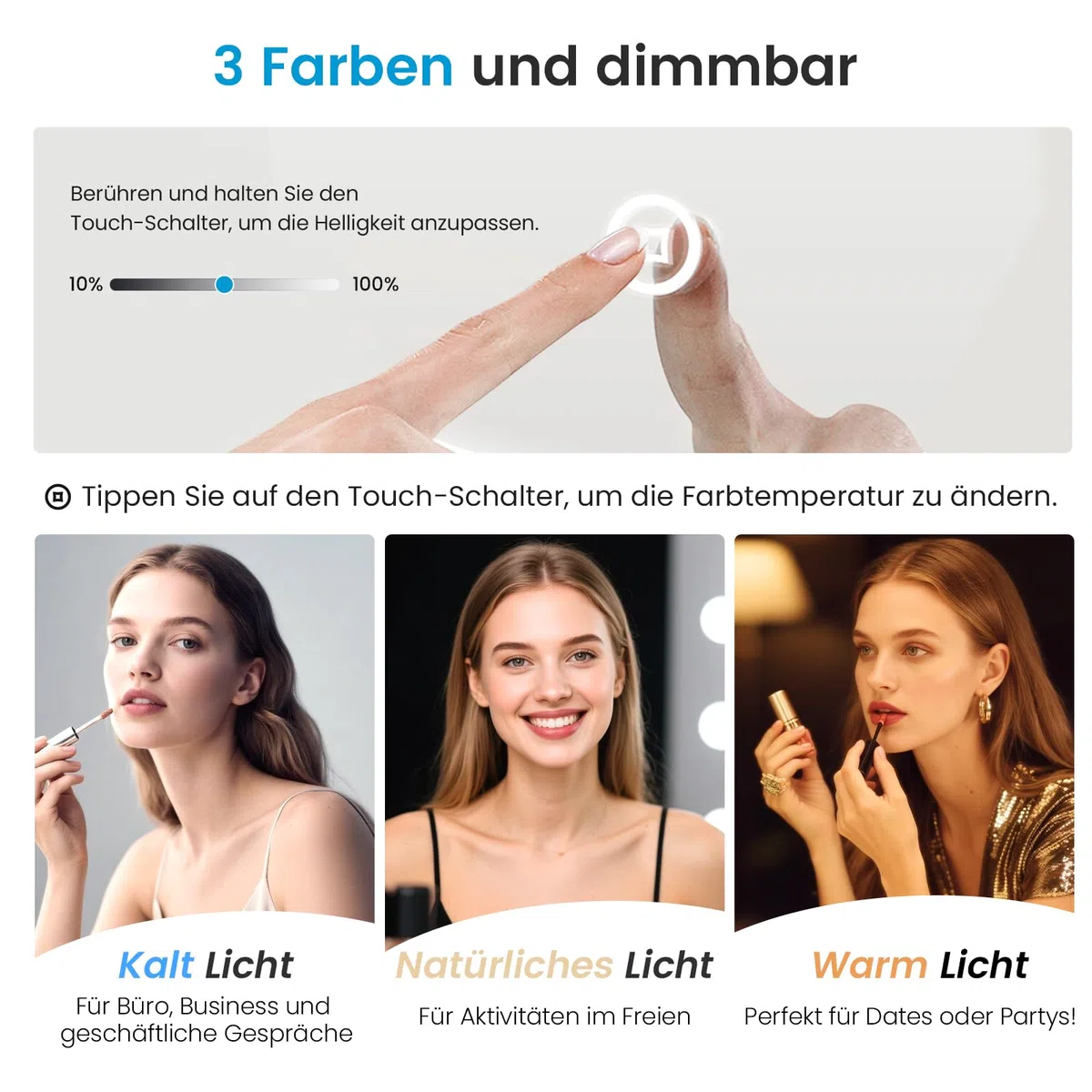 Heilmetz Schminkspiegel mit Beleuchtung Rund Φ48cm, LED Hollywood Spiegel mit Beleuchtung, Dimmbar 3 Lichtfarben, Touch Schalter, Makeup Kosmetikspiegel mit Licht - Weiß