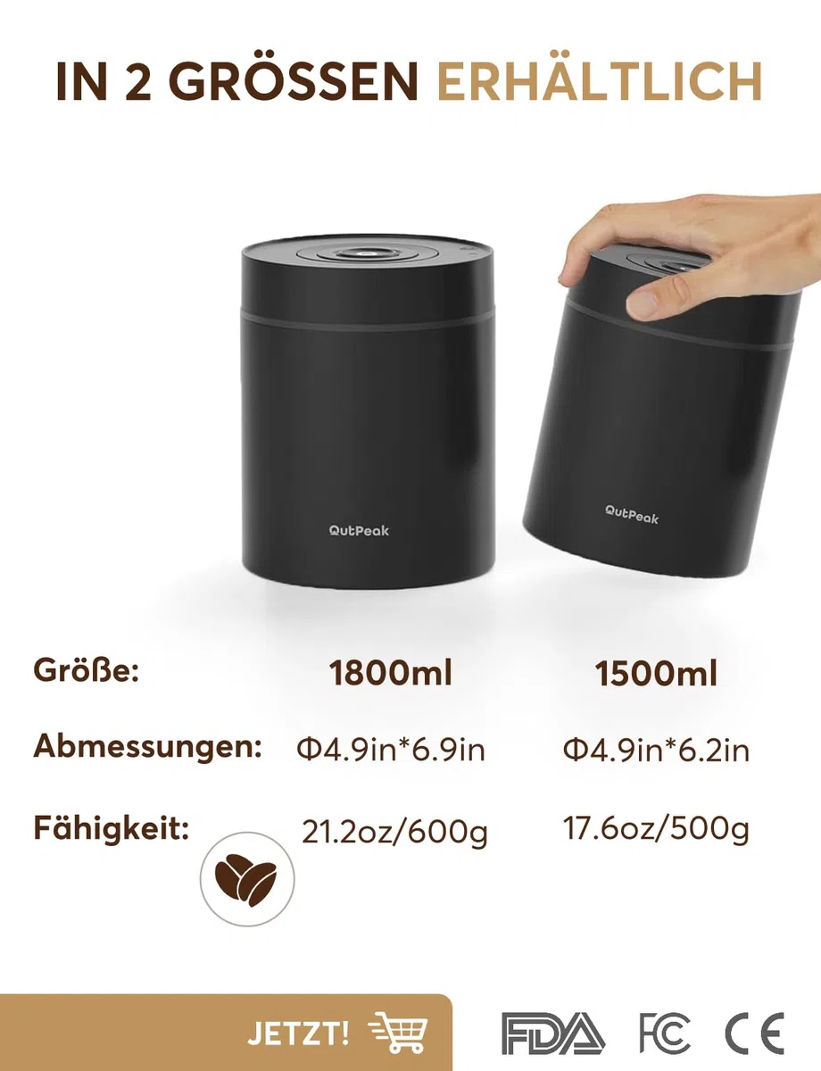 OUTPEAK Neo 2026 Kilo Auto-Vakuum-Kaffeedose, 1,5 l Fassungsvermögen für 500 ml Kaffeebohnen, Ein-Knopf-Bedienung, Edelstahl-Kaffee-Aufbewahrungsbehälter für Barista, Geschenke (groß, mattschwarz)