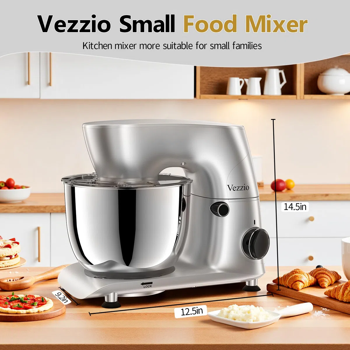 Vezzio Knetmaschine Küchenmaschine zum Backen, 5.5L | 1500W Teigmaschine Klein mit Knethaken, Schlagbesen, Spritzschutz, 10 Geschwindigkeit Planetarisches Rührsystem (Silber)