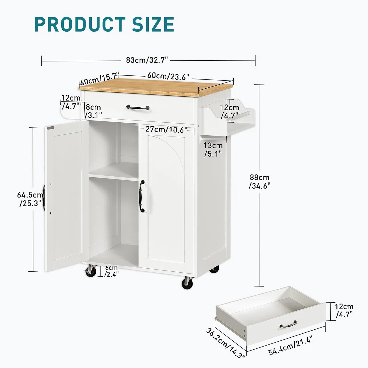 RALGEND Küchenwagen mit Arbeitsplatte und auf Rollen, Kücheninsel mit Schublade, Küchenschrank mit Handtuchstange und Gewürzregal, Rollwagen 60 × 40 × 88 cm, Weiß and Holzfarbe