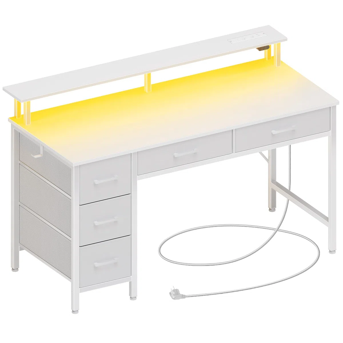 Seventable Computertisch mit Steckdosen & LED-Beleuchtung, 120cm Gaming Schreibtisch mit 5 Schubladen, Gaming Tisch mit Monitorständer, fürs Büro, Arbeitszimmer, Schlafzimmer, Wohnzimmer, Weiß