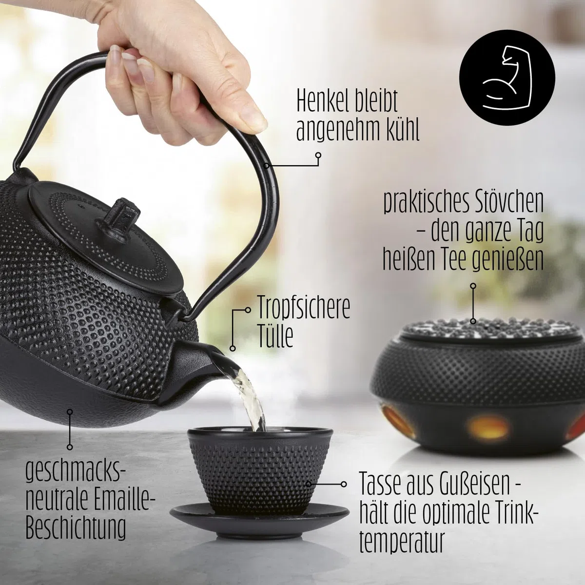 Lumaland Tee Set 12-teilig | 1,4 Liter Gusseiserne Teekanne Tetsubin | Stövchen aus Gusseisen | 4 Teebecher & 4 Untersetzer | Japanisches Teeset Inkl. Bambus Dosierlöffel & Edelstahl Sieb