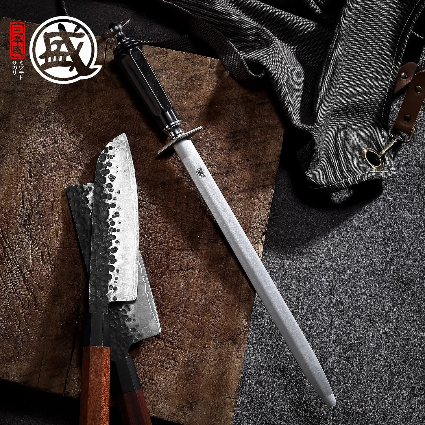 MITSUMOTO SAKARI 40 cm Edelstahl Wetzstab, Japanischer Messerschärfer mit Hohem Kohlenstoffgehalt Wetzstahl, Küchenstahl Wetzstein Profi (ABS-Griff und leistungsstarker Magnet)