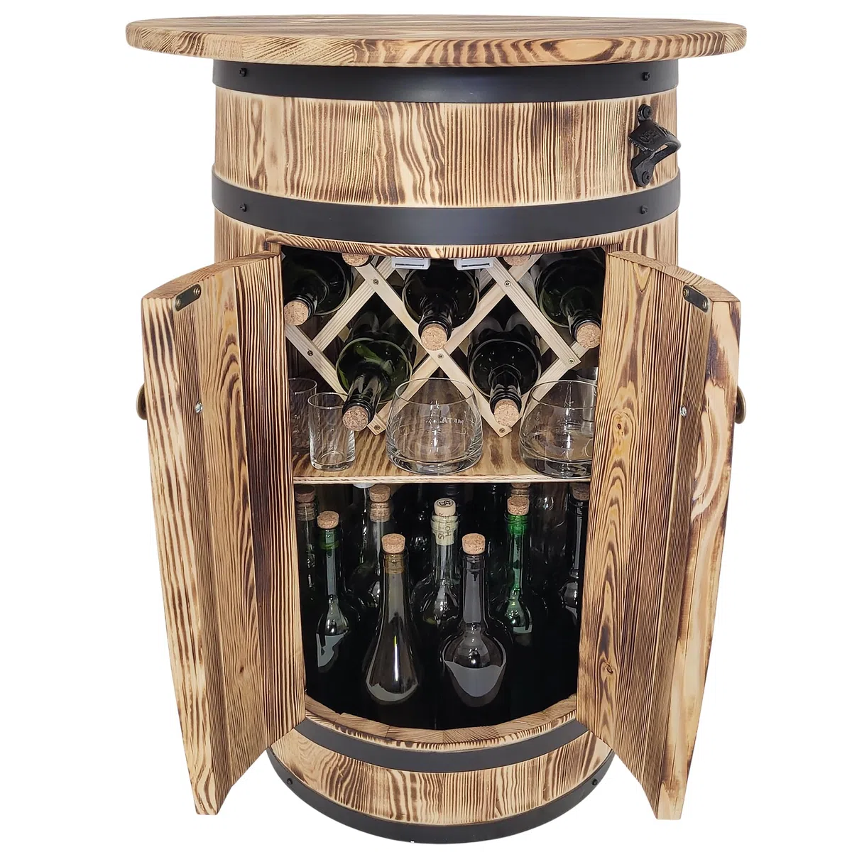 weeco Fassförmiger Schrank aus Kiefernholz mit Ablagefläche und Regal für 30–40 Flaschen – Rustikales Barregal mit Flaschenöffner und klappbarem Flaschenhalter, 80x55x44 cm, braun