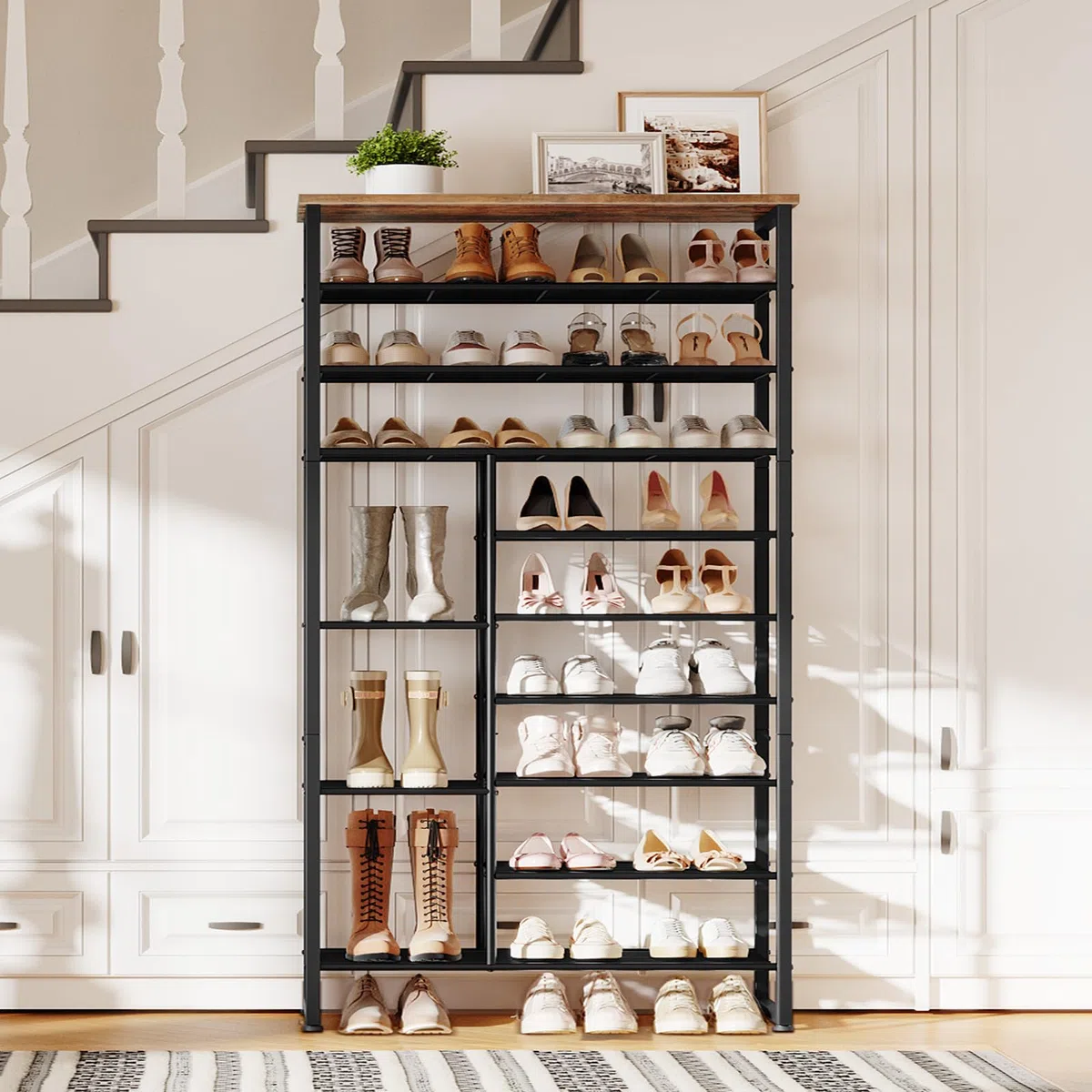HOOBRO Schuhregal mit 10 Ebenen, Schuhablage für 27-30 Paare, industrielles Schuhregal mit unterschiedlichem Abstand, abnehmbares Gitter, für Eingänge, Flure, rustikales Braun und Schwarz EBF172XJ01