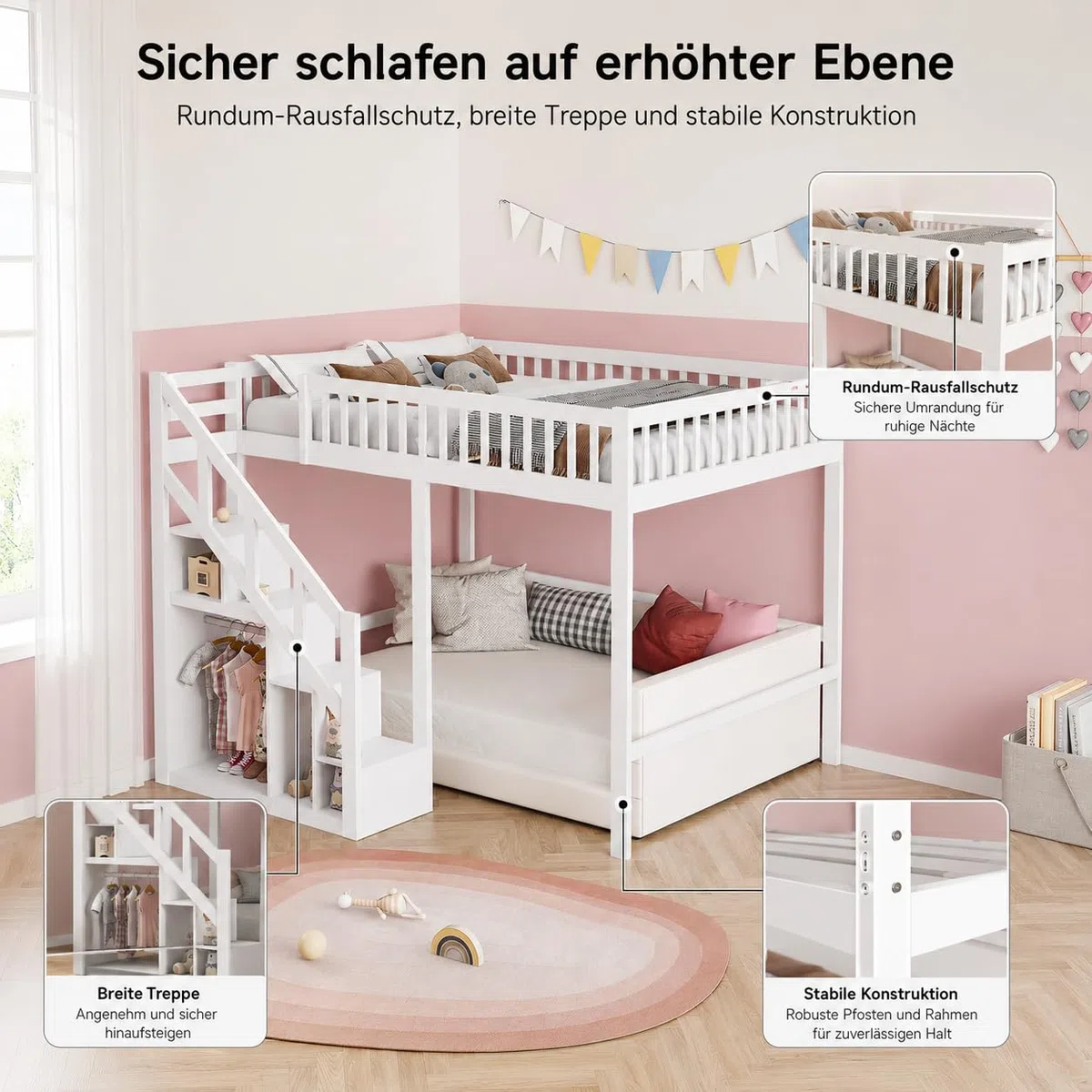 Etagenbett 90x200 cm für Kinder, Hochbett mit Treppe & Aufbewahrungsschrank, Massivholz, ohne Matratze