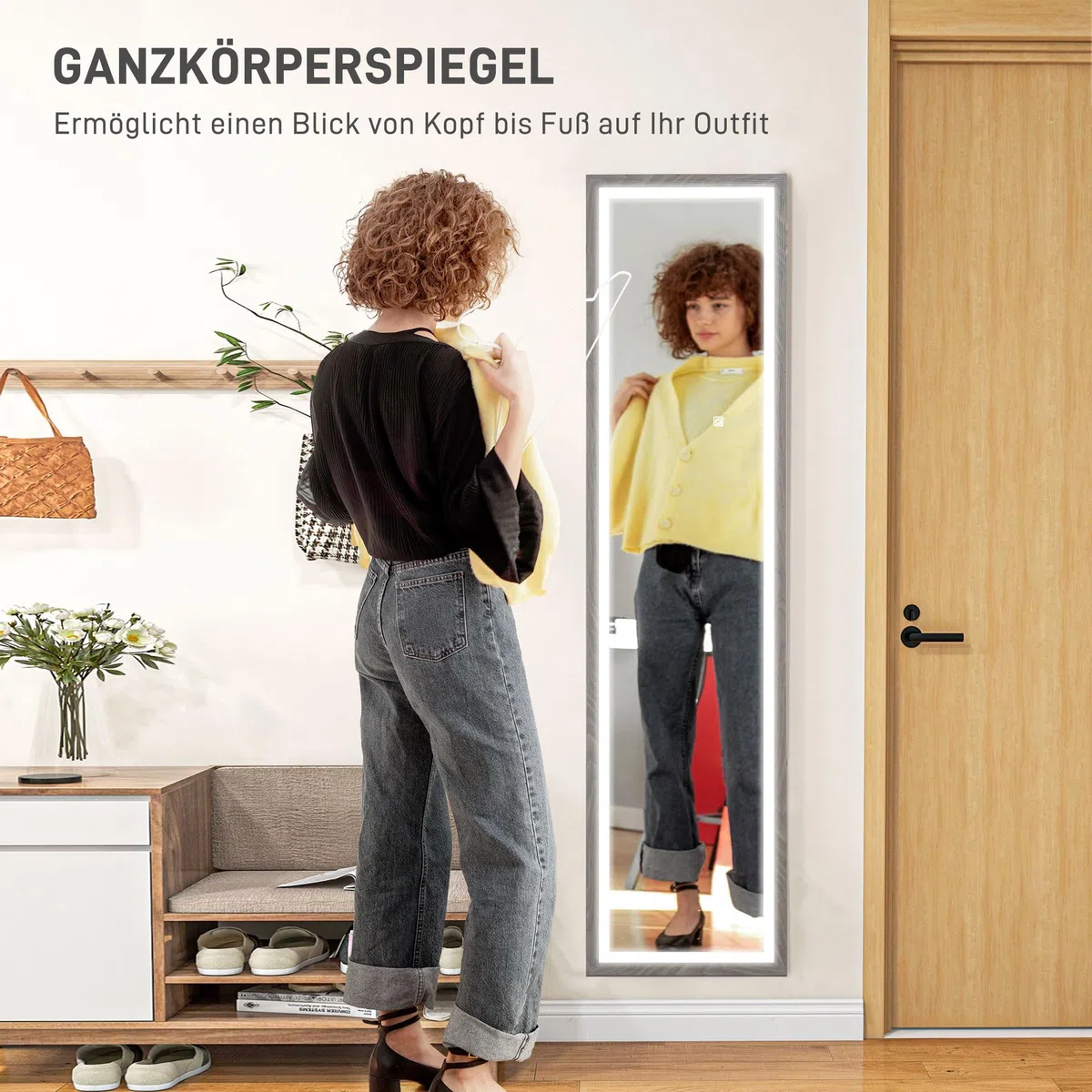 HOMCOM Ganzkörperspiegel 40 x 160 cm Standspiegel mit LED-Lichte, 3 Lichtfarben, Wandspiegel mit Touch-Steuerung, Bodenspiegel für Schlafzimmer, Wohnzimmer, Grau