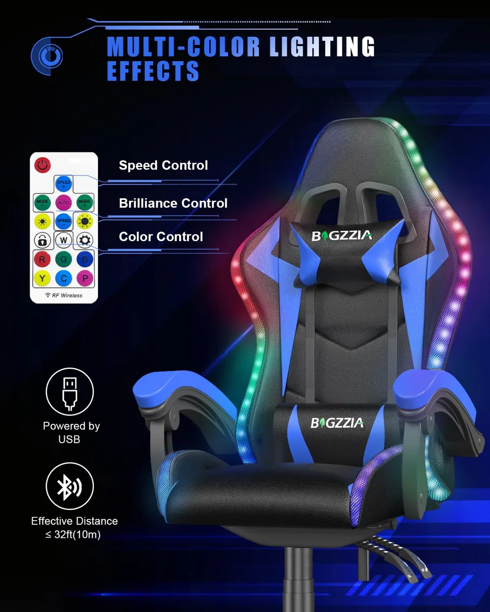 bigzzia Gaming Stuhl mit LED - Gaming Sessel Ergonomischer PC Stuhl mit Kopfstütze, Gamer Stuhl RGB Licht Beleuchtung Computerstuhl, Gamer Chair für Jugendliche und Erwachsene, Schwarz-blau