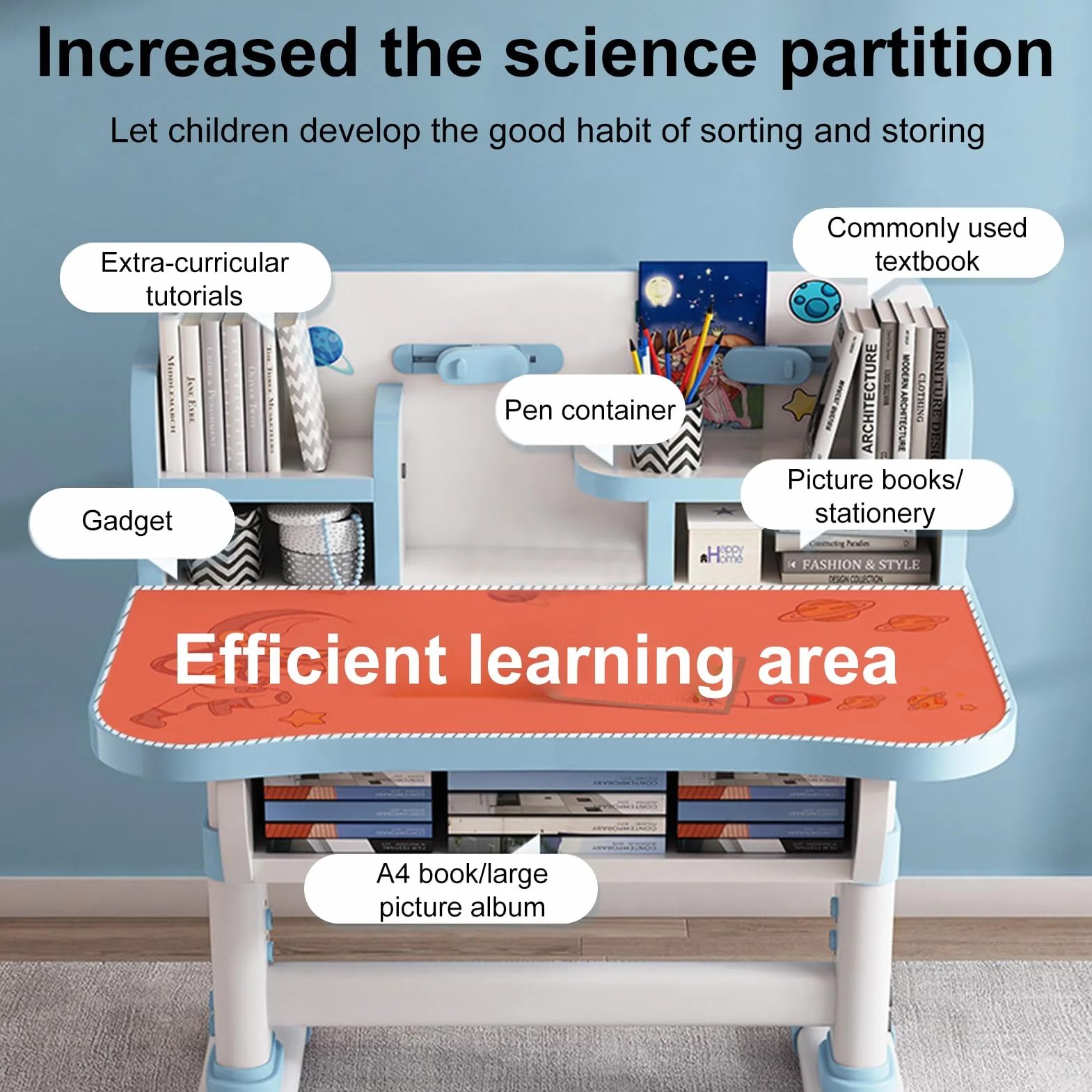kinderschreibtisch, kinderschreibtisch höhenverstellbar, schreibtisch kinder Mit Motiven aus Zeichentrickfilmen, kinder schreibtisch Mit Inklusive Schreibtafel und Bücherregal für 3-18 jahren (Blau B)