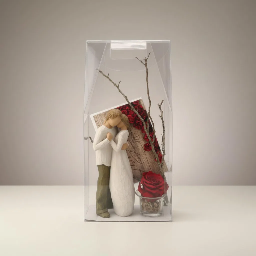Hochzeitsgeschenk Box 1 – Figur 23 cm mit Long-Life-Rose im Teelichtglas, Faltkarte „Zur Hochzeit“ & Acryl Geschenkbox mit Tragegriffen – Geschenk für Brautpaar