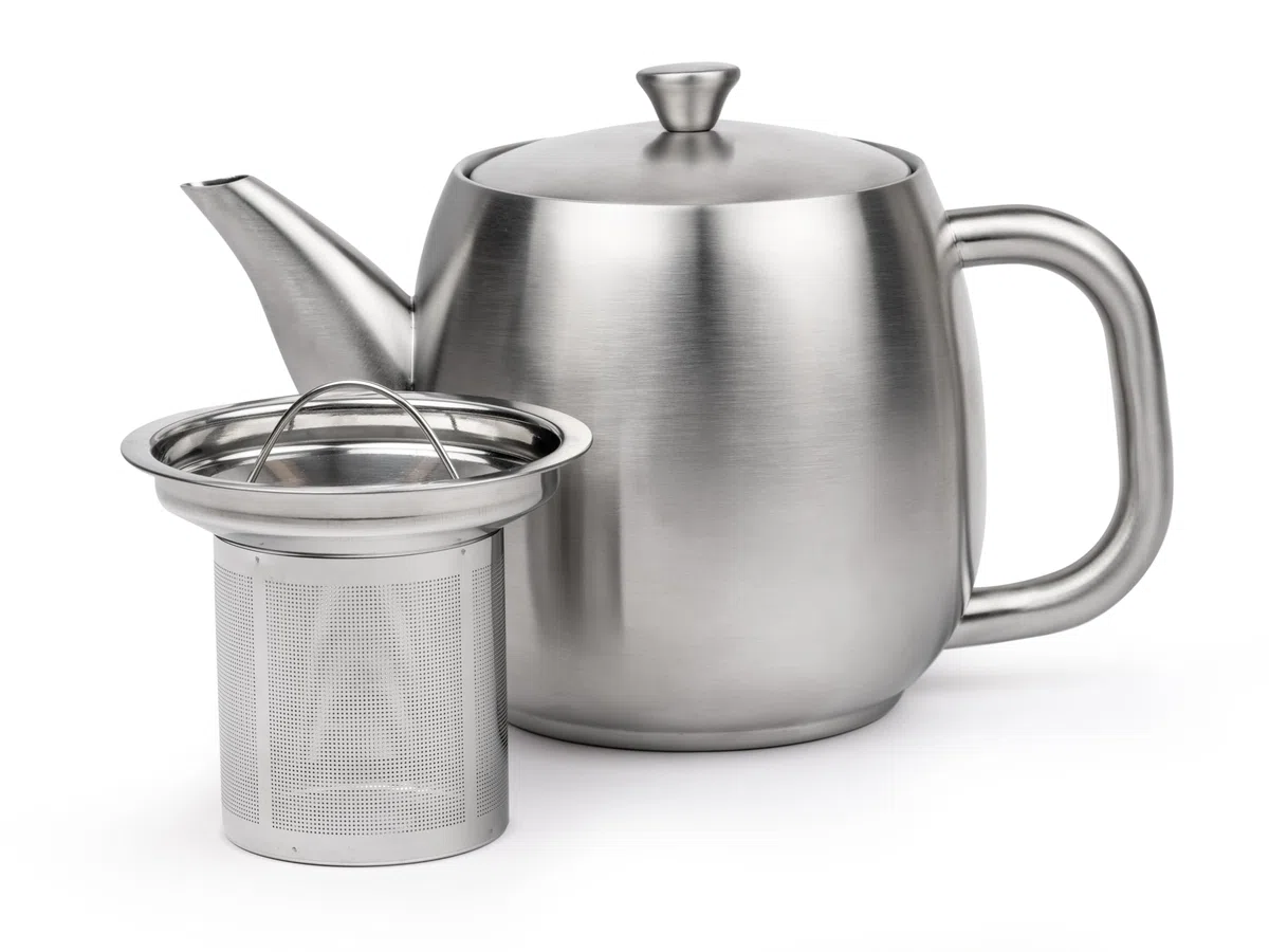 Bredemeijer kleine Edelstahl Teekanne 0,9 Liter - silber-matte doppelwandige Kanne inklusive wiederverwendbaren Teefilter - für länger, warmen Teegenuss