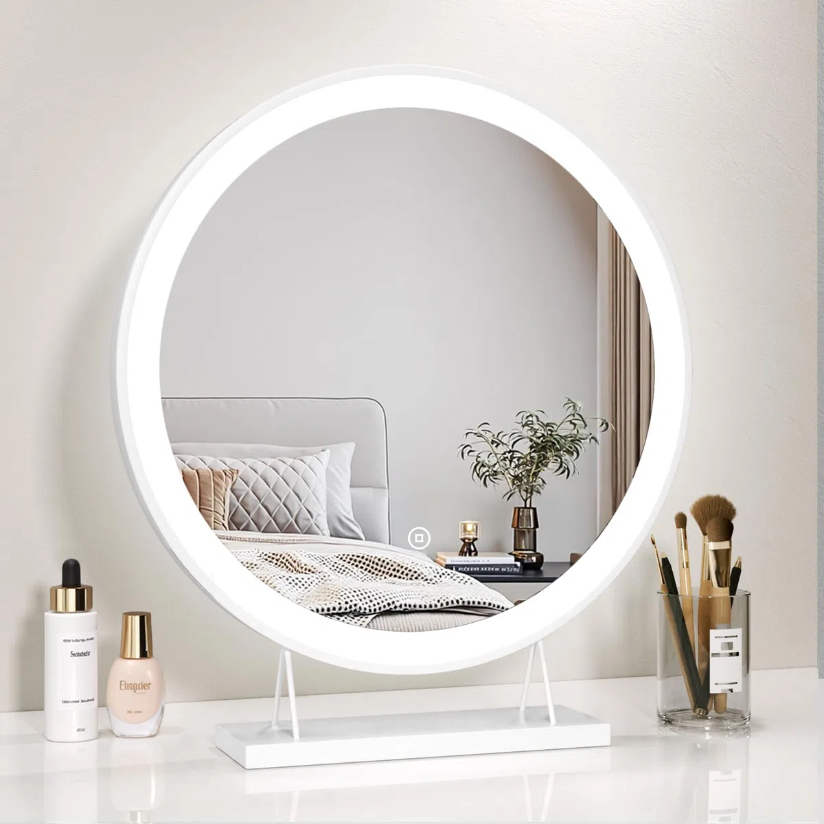 Heilmetz Schminkspiegel mit Beleuchtung Rund Φ48cm, LED Hollywood Spiegel mit Beleuchtung, Dimmbar 3 Lichtfarben, Touch Schalter, Makeup Kosmetikspiegel mit Licht - Weiß