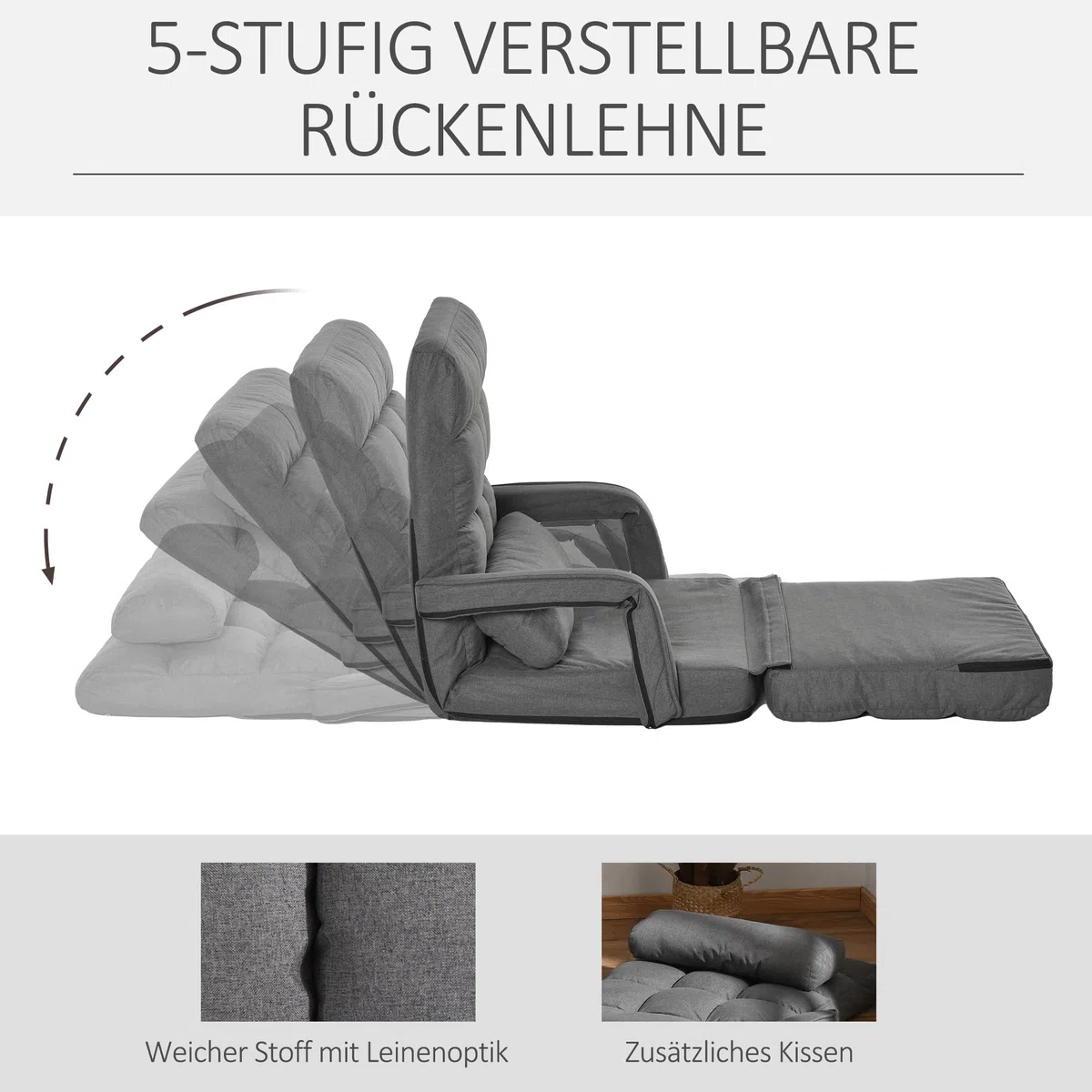 HOMCOM Bodenstuhl Bodensessel mit 5-Fach Verstellbarer Rückenlehne, Lendenkissen, Schlafsessel Bodensofa Gepolstert Lazy Sofa für Wohnzimmer Gaming & Lesen Dunkelgrau
