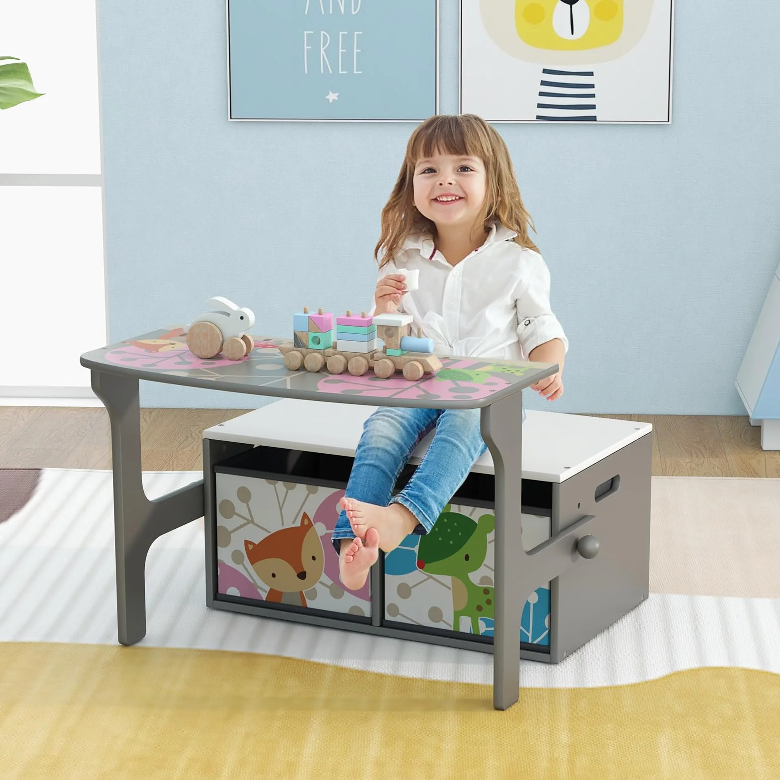 COSTWAY 3-IN-1 Kindertisch mit Sitzbank, Kindersitzgruppe mit 2 abnehmbaren Körben, Kindersitzbank mit stauraum, Spielzeugtruhe mit Rückenlehne, Sitztruhe Truhenbank für Kinderzimmer (Grau)