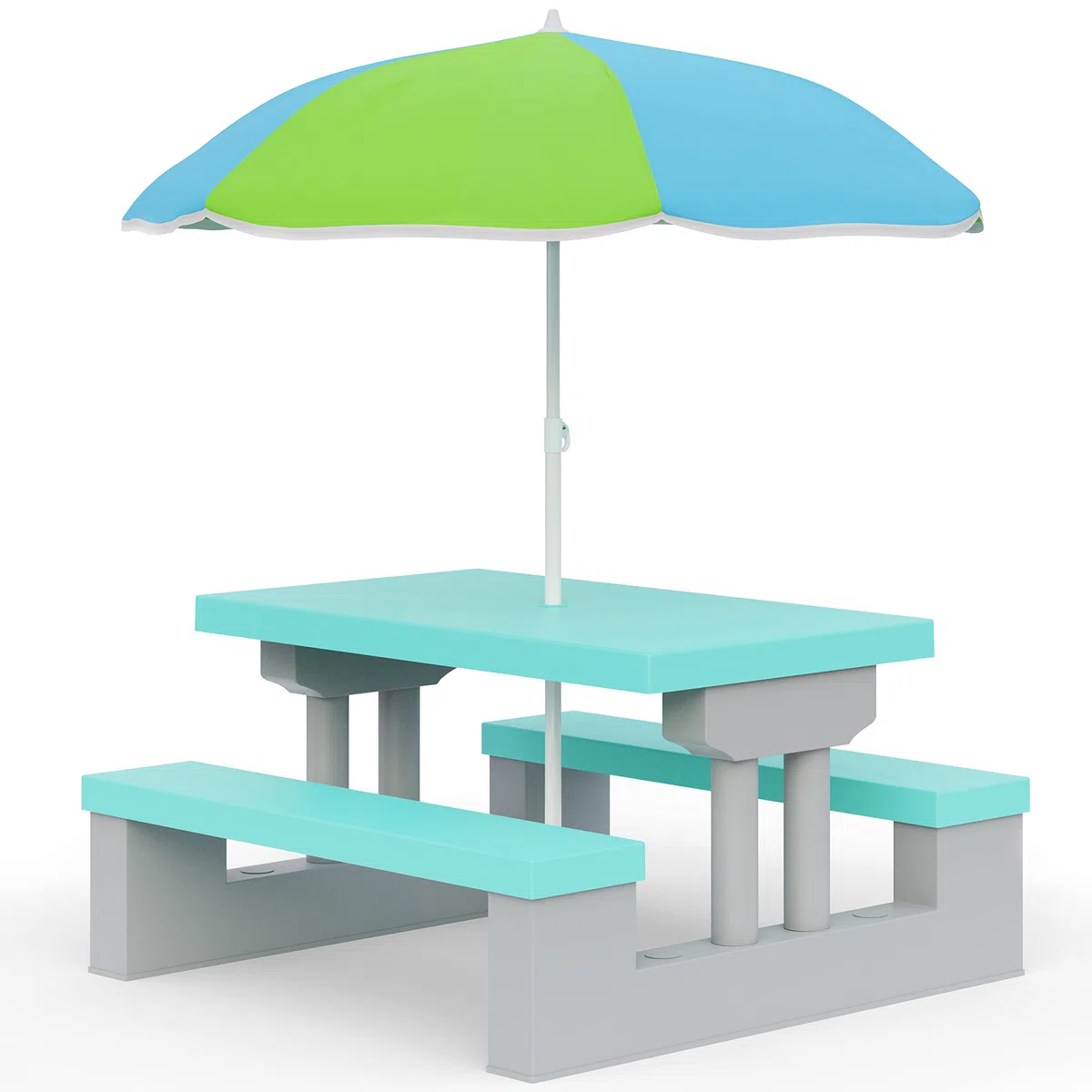 Spielwerk® Kindersitzgruppe Sonnenschirm UV Schutz Stecksystem Waschbar ABS Kunststoff Wetterfest Mint Outdoor Picknicktisch Kindertisch Gartenmöbel
