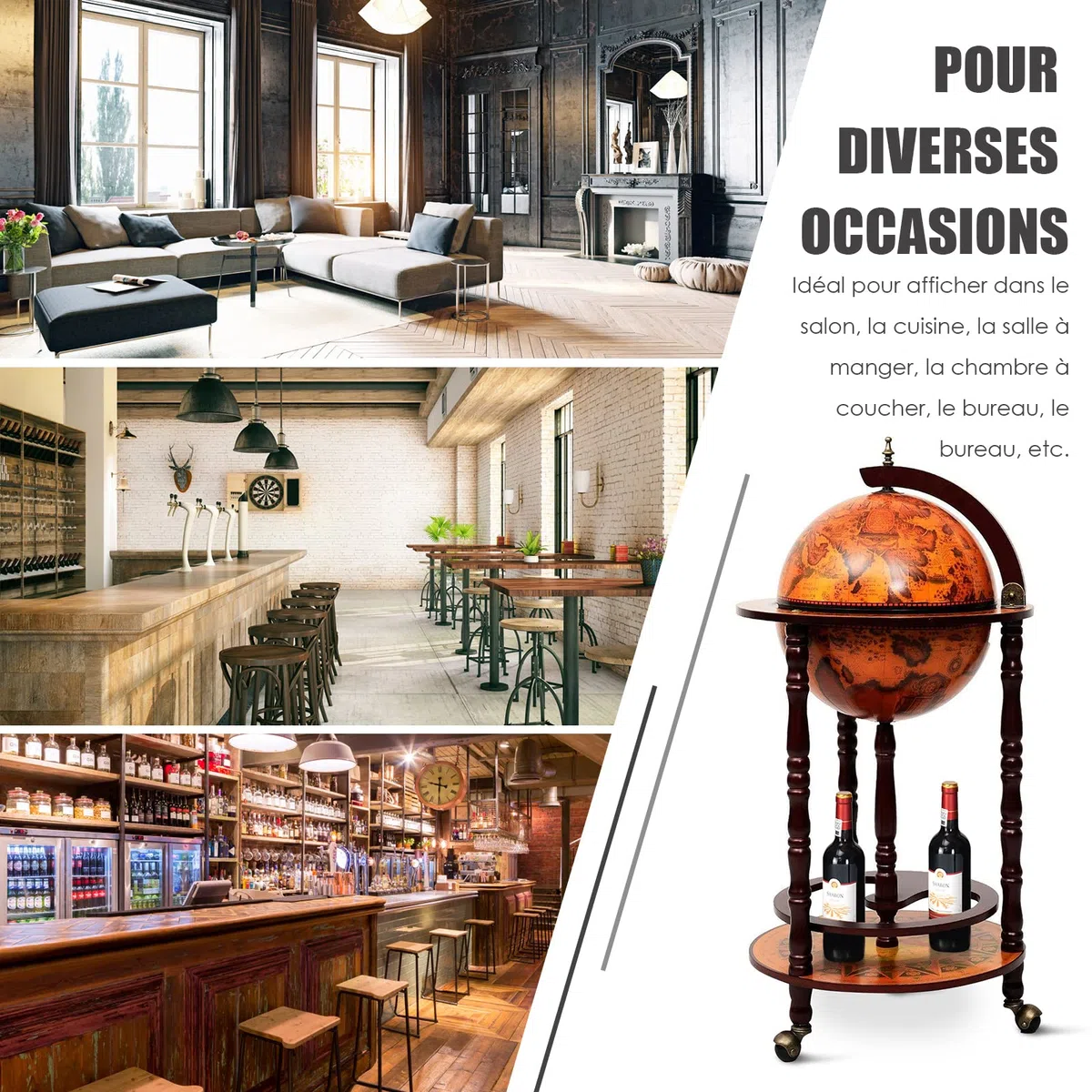 COSTWAY Globus Bar, Globusbar aus Eukalyptus, Weltkugel Barwagen mit Rollen, Retro Hausbar Minibar für Weingläser & Weinflaschen (Braun)