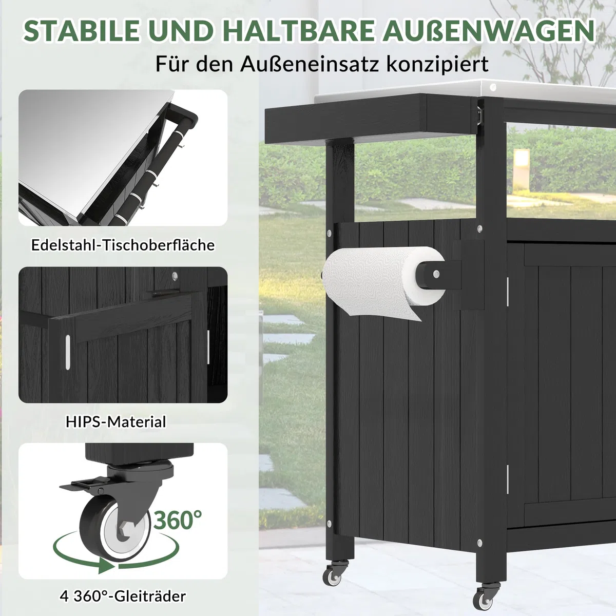 Outdoor Kücheninsel Mit Rollen - Mobile Grillwagen, Außen-Küchenwagen Mit Ablagefach & Arbeitsfläche, Tragbarer Aufbewahrungsschrank Für Garten, Terrasse, Camping & Picknick (Schwarz)
