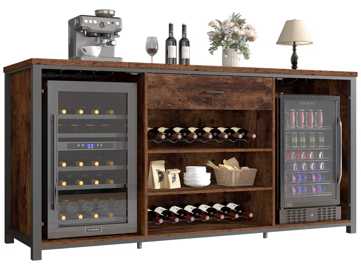 LVB Weinbarschrank mit Kühlschrank Platz Rustikaler Langer Barschränke mit Schubladen Stauraum Landhaus Holz Metall Wein Schrank Mit Regal Sideboard Büfett Für Küche Esszimmer Rustikales Braun 180cm