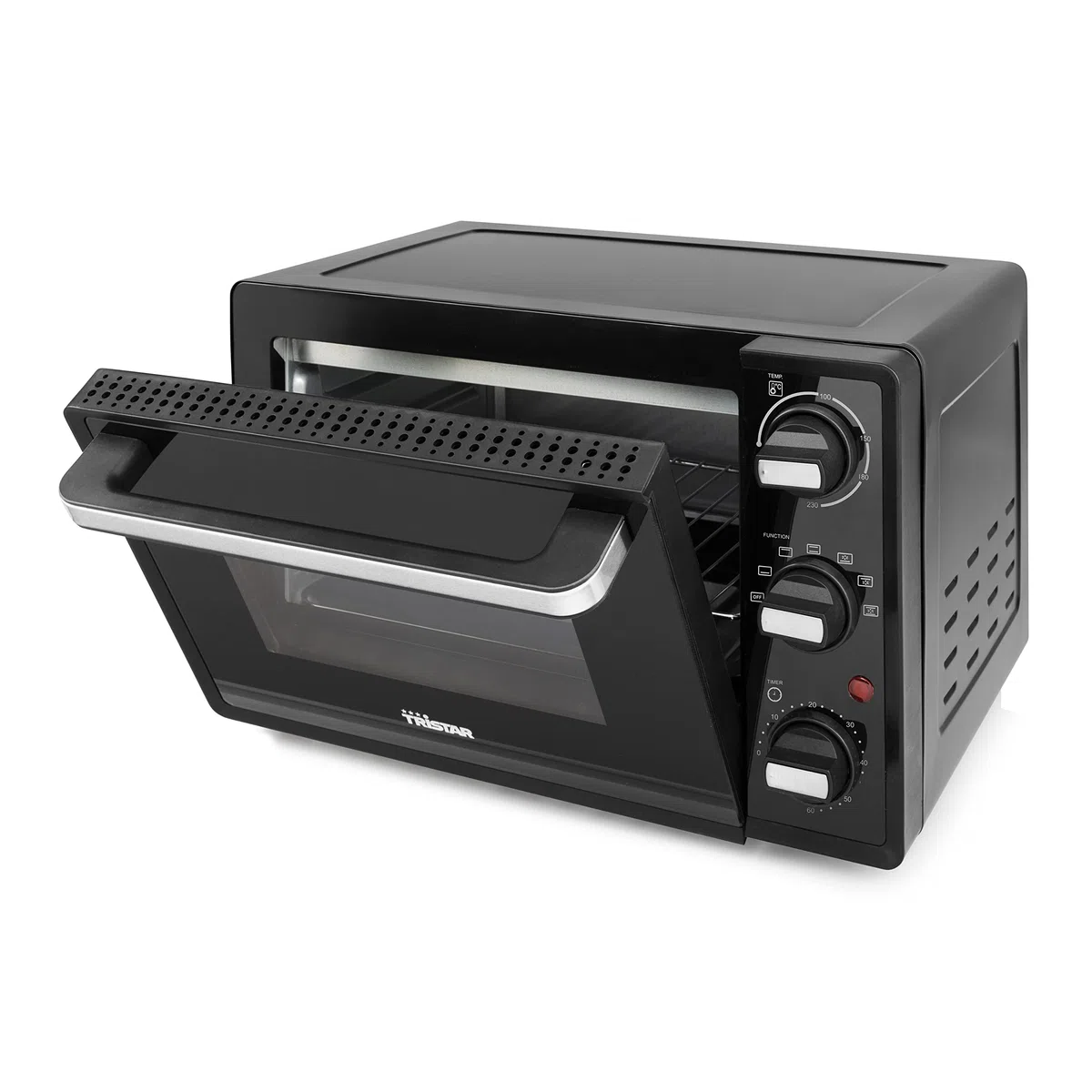 Tristar Mini-Backofen, 800W, 19L Volumen, Timerfunktion, Doppelglastür, Temperaturbereich bis 230°C, zum Campen geeignet, eine obere und untere Heizzone, mit Grillrost und Backblech, schwarz, OV-3622