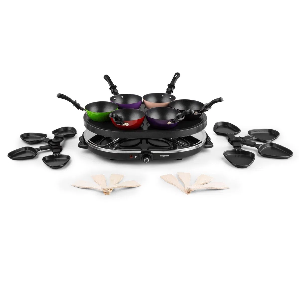 oneConcept Woklette - Raclette Grill, Tischgrill, Partygrill, Leistung: 1200 Watt, stufenlos regulierbare Temperatur, inkl. 8 Pfännchen und Holzspatel, Antihaftbeschichtung, schwarz