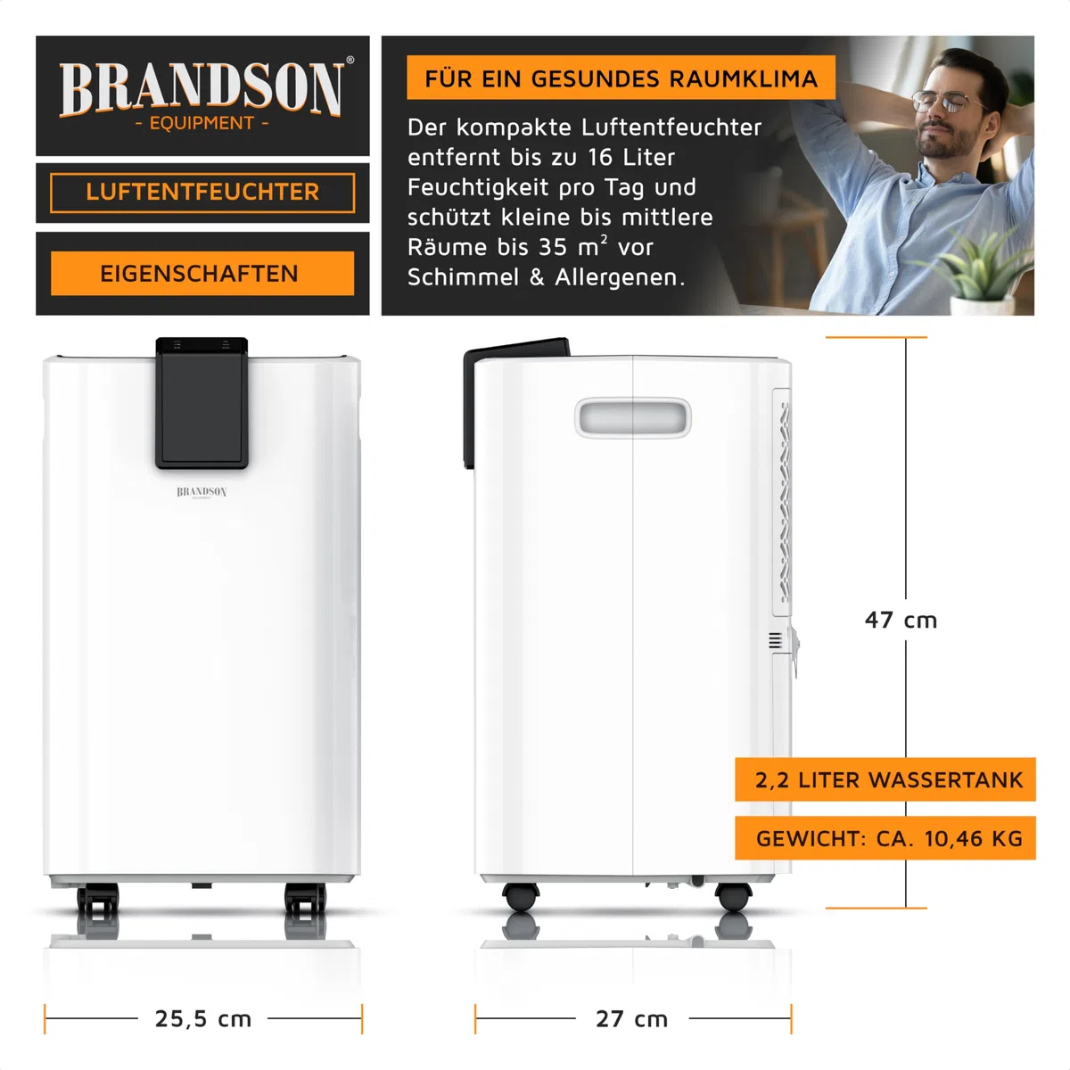Brandson - Luftentfeuchter 16L mit Kompressor – Dehumidifier Raumentfeuchter elektrisch – 16 Liter / 24h – sehr leise - Display - Schlafzimmer Bad Keller
