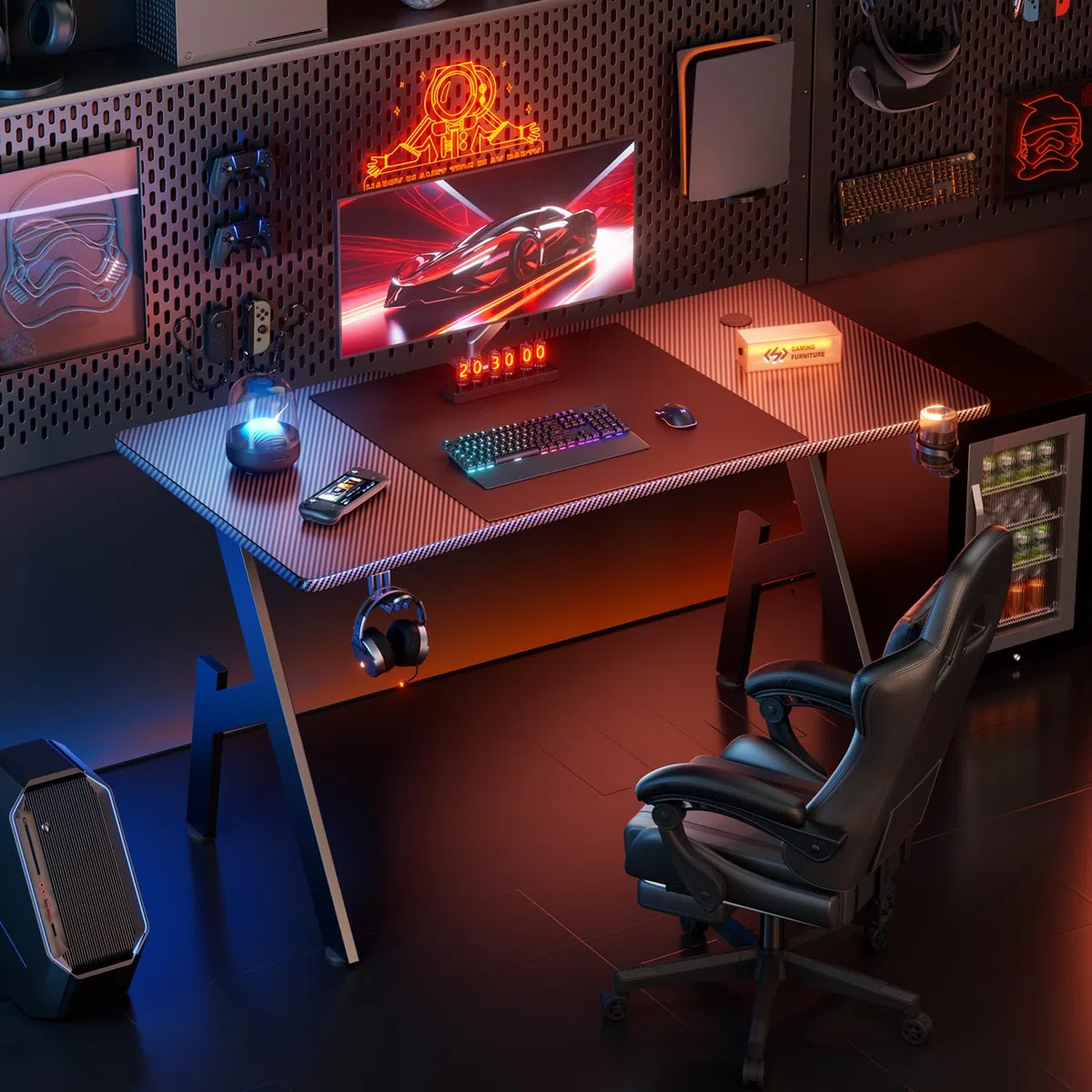 HLONONE Gaming Schreibtisch 140 x 60 cm, Gaming Tisch, Stabiler PC Schreibtisch mit Kohlefaserbeschichtung, Ergonomischer Computertisch mit Kopfhörerhaken und Getränkehalter, Schwarz