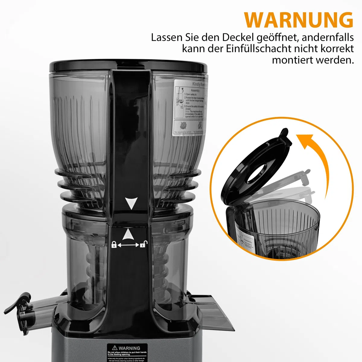 PUKOMC Kaltpressentsafter mit 14,7 cm (5,8 Zoll) großem Einwurf - Slow Juicer für ganze Früchte und Gemüse, 1,8 Liter Behälter, 300W, inklusive Reinigungsbürste und Auffangbecher, grau