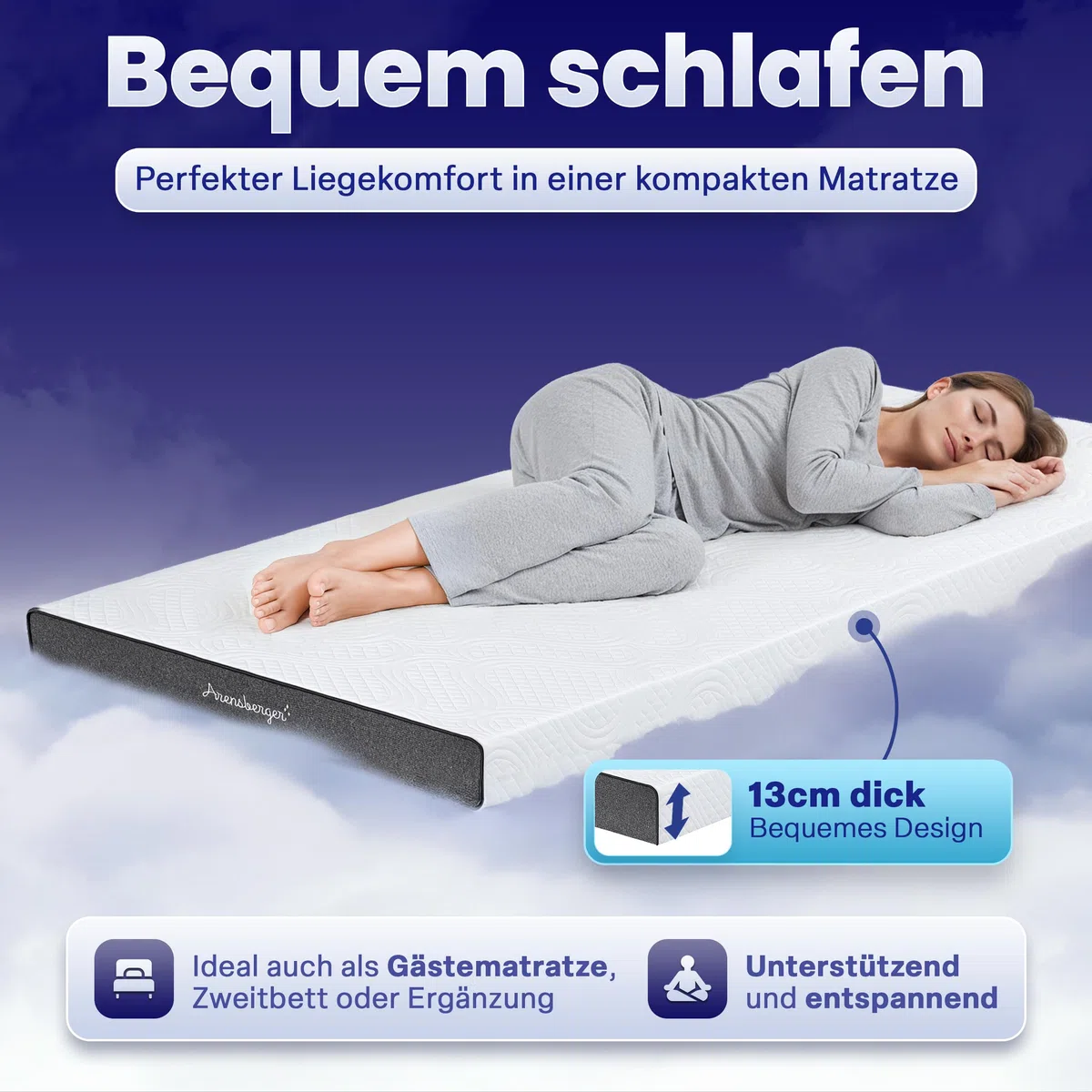Arensberger Kindermatratze Jugendmatratze, 90x190cm 13cm hoch, Alter 5 bis 16 Jahre, Bezug | punktelastischer Gelschaum | waschbarer & Abnehmbarer Premium Bezug Allergiker freundlich