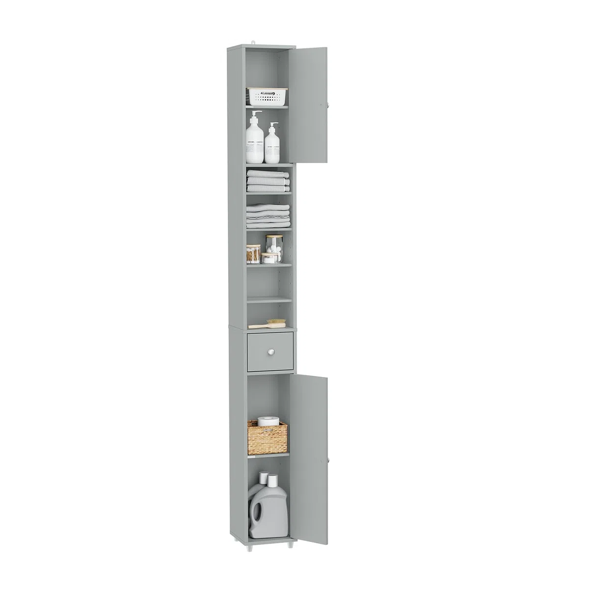 SoBuy Badezimmerschrank Hochschrank Schmal Badschrank für kleine Bäder mit verstellbaren Einlegeböden Platzsparender Badezimmer Schrank für Waschbecken, WC, Waschmaschine 20x20x180cm Grau BZR34-II-HG