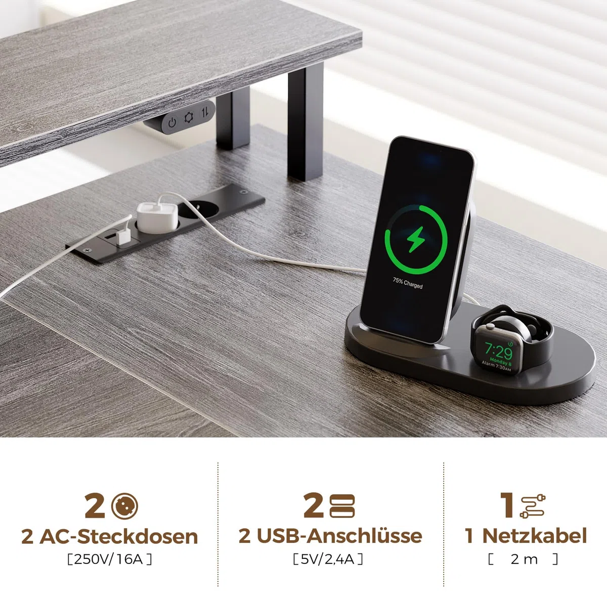 Rolanstar Schreibtisch L Form mit Schubladen, reversibler Gaming Tisch mit Steckdose, LED & Monitorständer 163 cm Computertisch für Büro Arbeitszimmer Schlafzimmer, grau