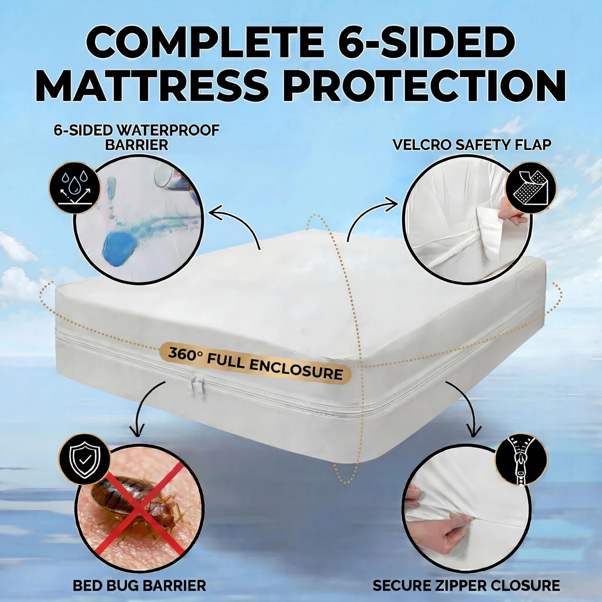 MATTSHIELD Ultimatives 3-teiliges Set – Bettwanzensicherer Matratzenbezug, Queen-Size-Größe, 100% Baumwolle + 2 Kissenschoner mit Reißverschluss – 6-seitige wasserdichte Abdeckung, Beste