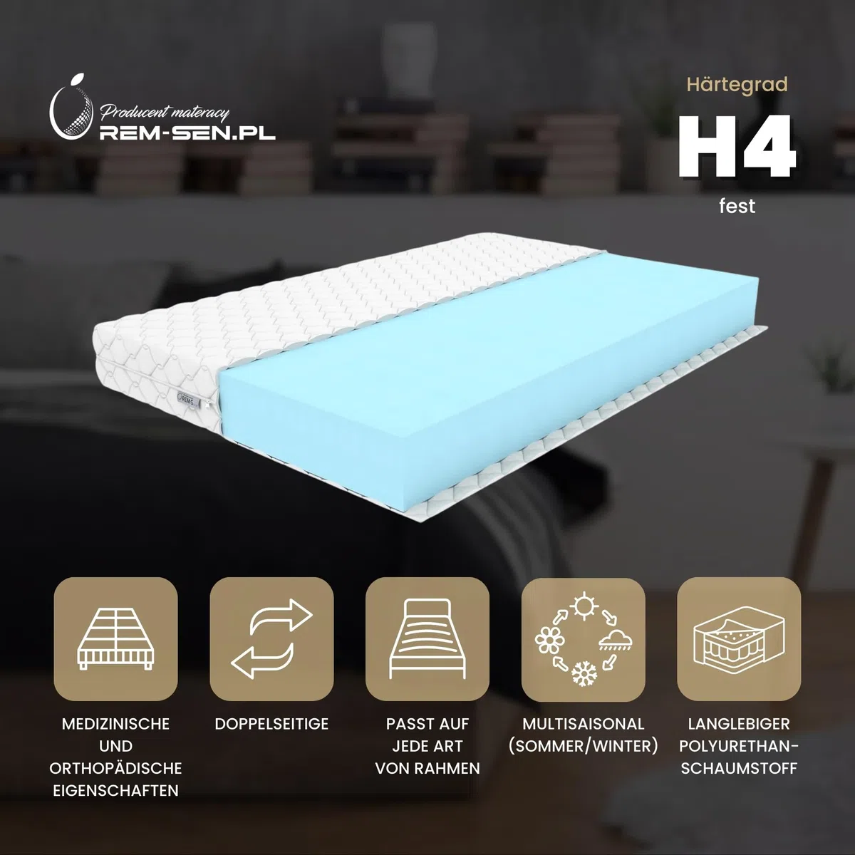 REM-Sen Matratze 80x180cm Höhe 10 cm Härtegrad 4 (H4) aus elastischem Polyurethanschaum mit Komfortschaum und Dreilagige Membranhülle, Matratze für Kinder, Erwachsene Öko-Tex Zertifiziert