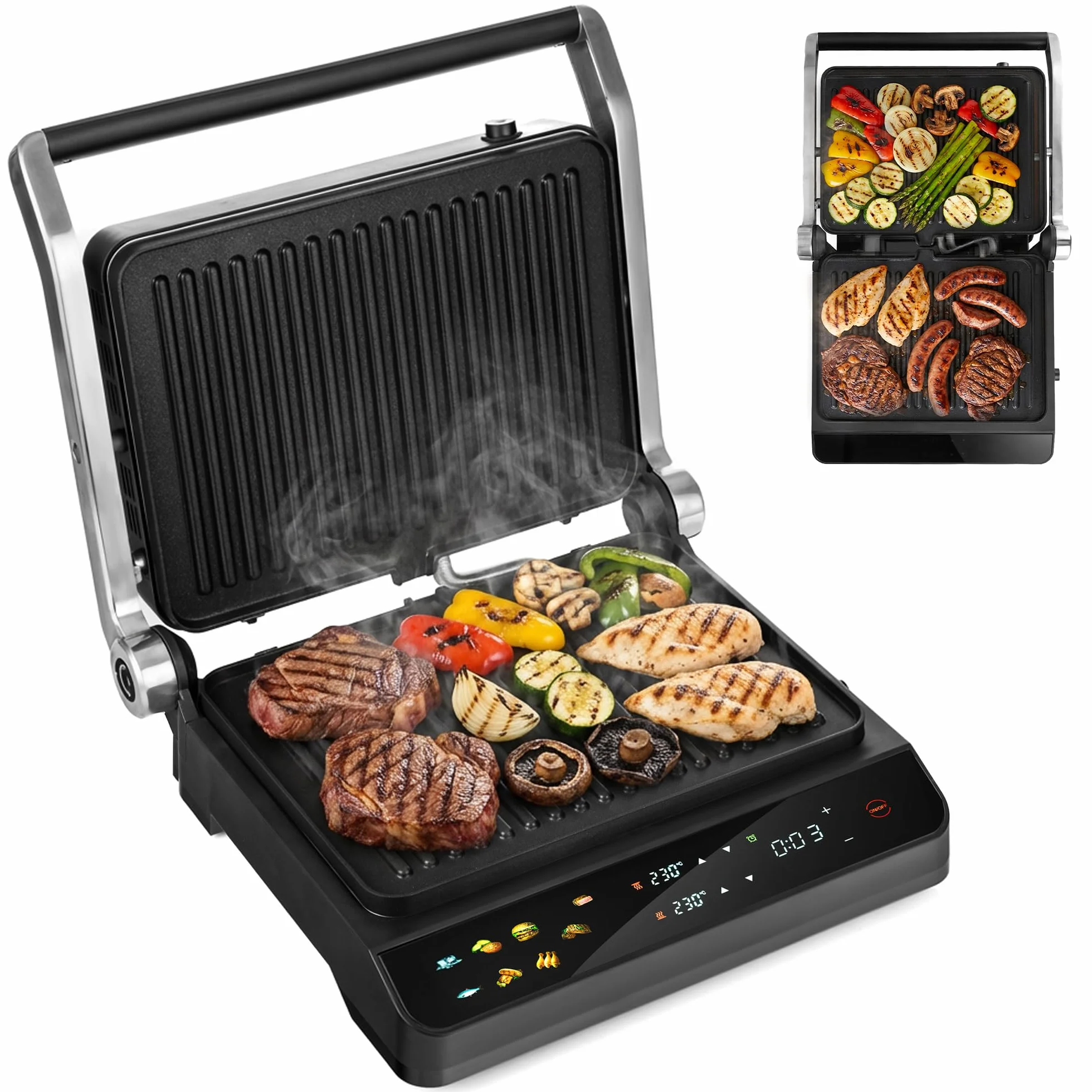 LEHMANN Kontaktgrill, 2000 W, Tischgrill 180° aufklappbar, Abnehmbare Antihaftplatten, Display: 10 Programme, Temperaturregelung 90-230°C, Timer 1-240 min, Elektrogrill für Toast, Steak, Panini