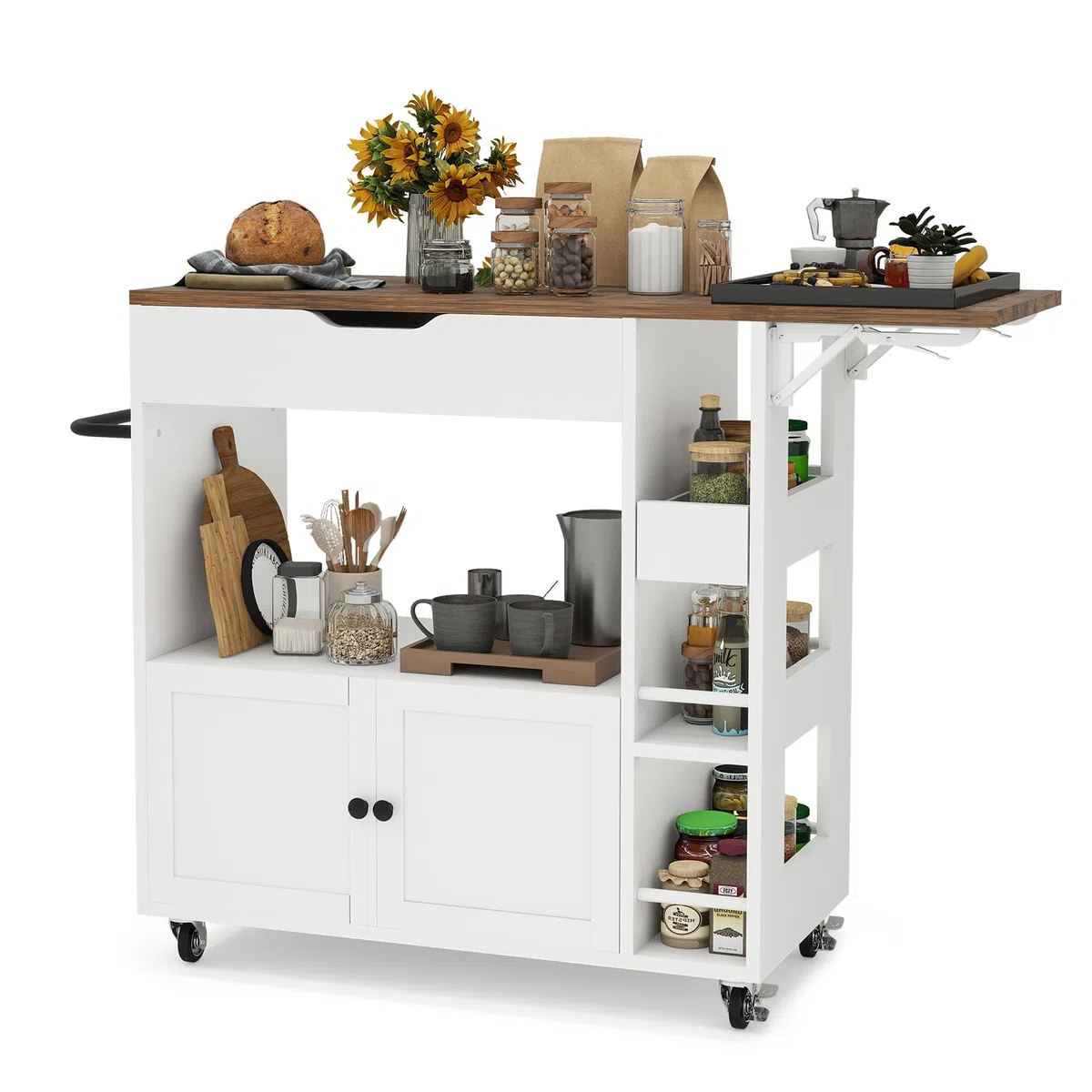 ARTETHYS Kücheninsel mit Klappbarer Arbeitsplatte, Rollwagen mit Schubladen und Türen, Servierwagen, Buffetschrank für Küche, Esszimmer & Outdoor, Weiß