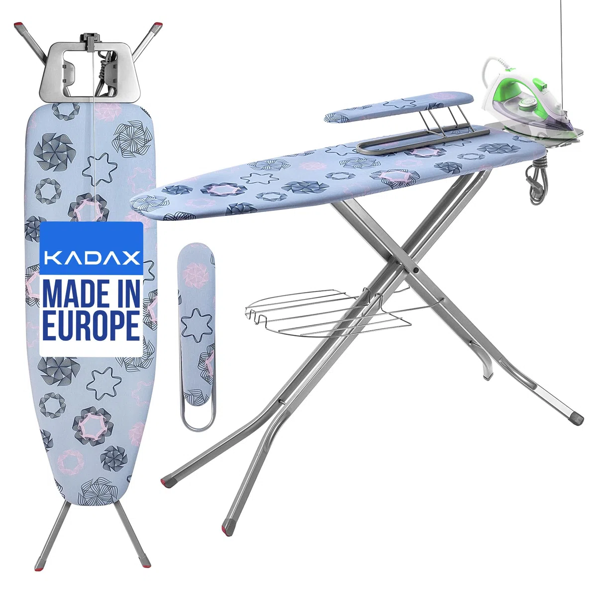 KADAX großes Bügelbrett 120x30cm mit Ärmelbügelbrett 49x11cm - Stabiler Bügeltisch für Dampfbügelstation, klappbar, höhenverstellbar, mit hitzebeständiger Bügeleisenablage