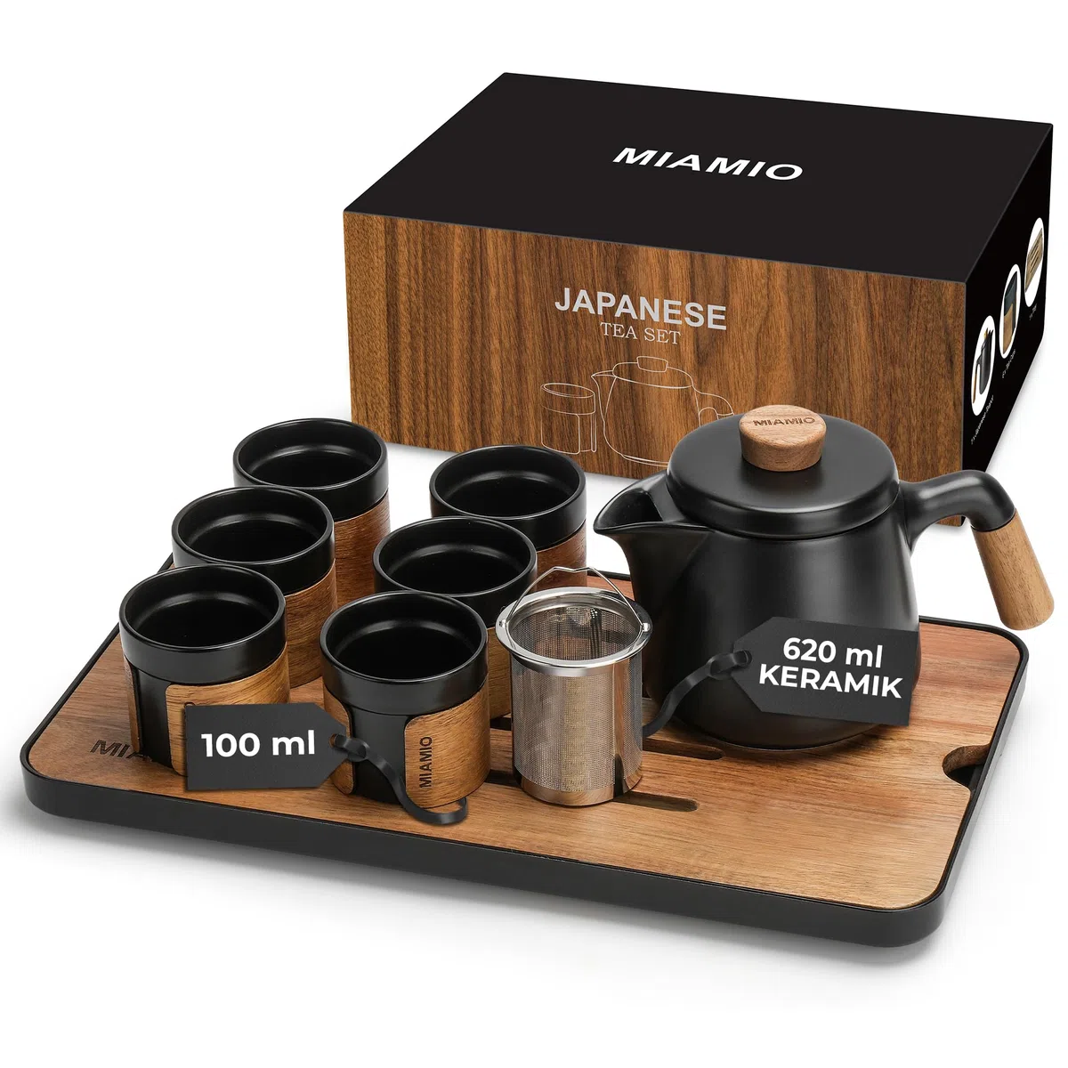 MIAMIO - Japanisches/Chinesisches Tee Set 6 x 100 ml/Asiatische Teekanne 620 ml mit Teesieb, Traditionelles Japanisches Teekanne Set für Teeliebhaber/Männer/Frauen (Schwarz)