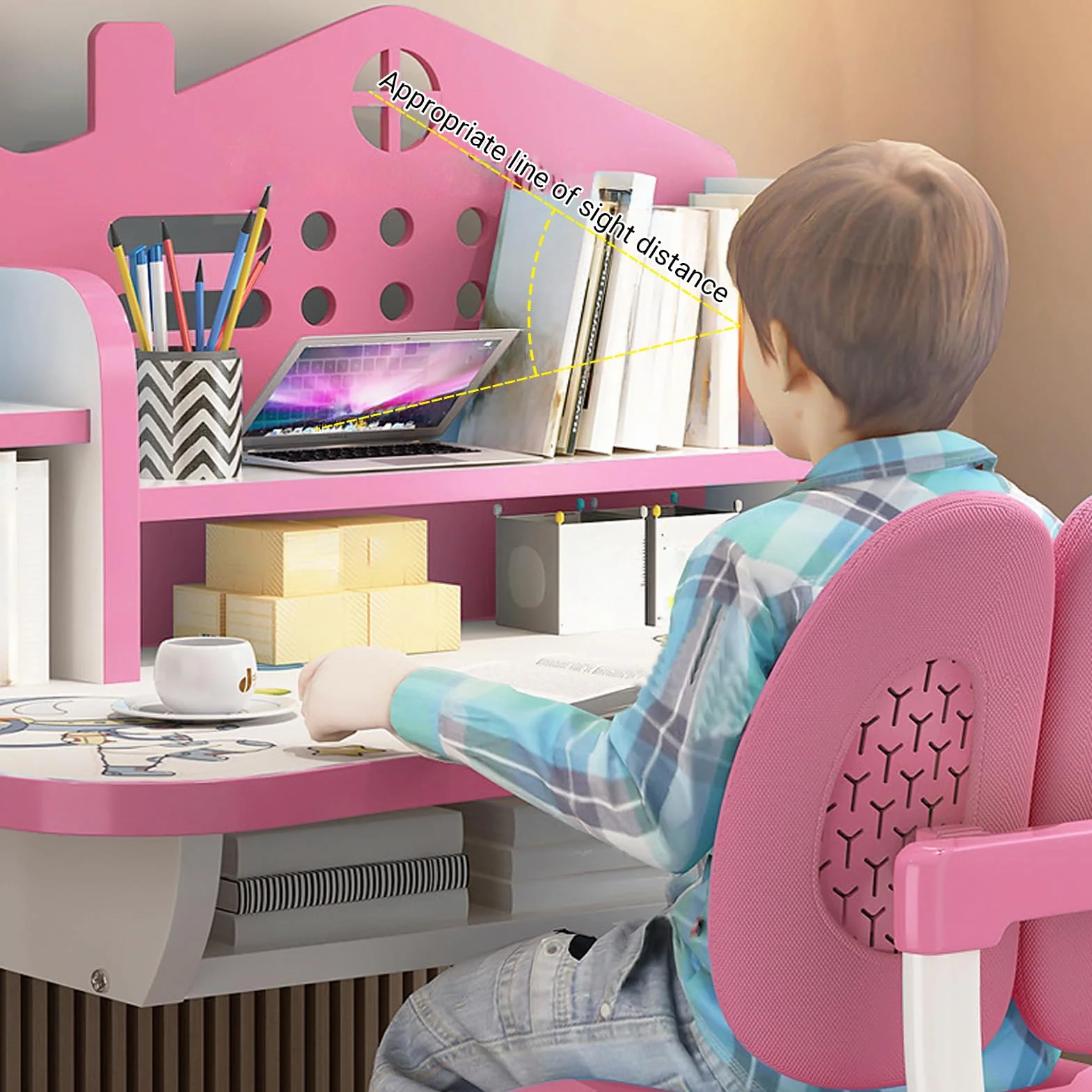 Reheyre Schreibtisch- und Stuhl-Set für Kinder, rosa Schreibtisch-Set mit verstellbarer Höhe, Schubladen und Stauraum, Cartoon-Muster, Lerntische und Stühle für Kinder, Mädchen (Rosa), 3712398