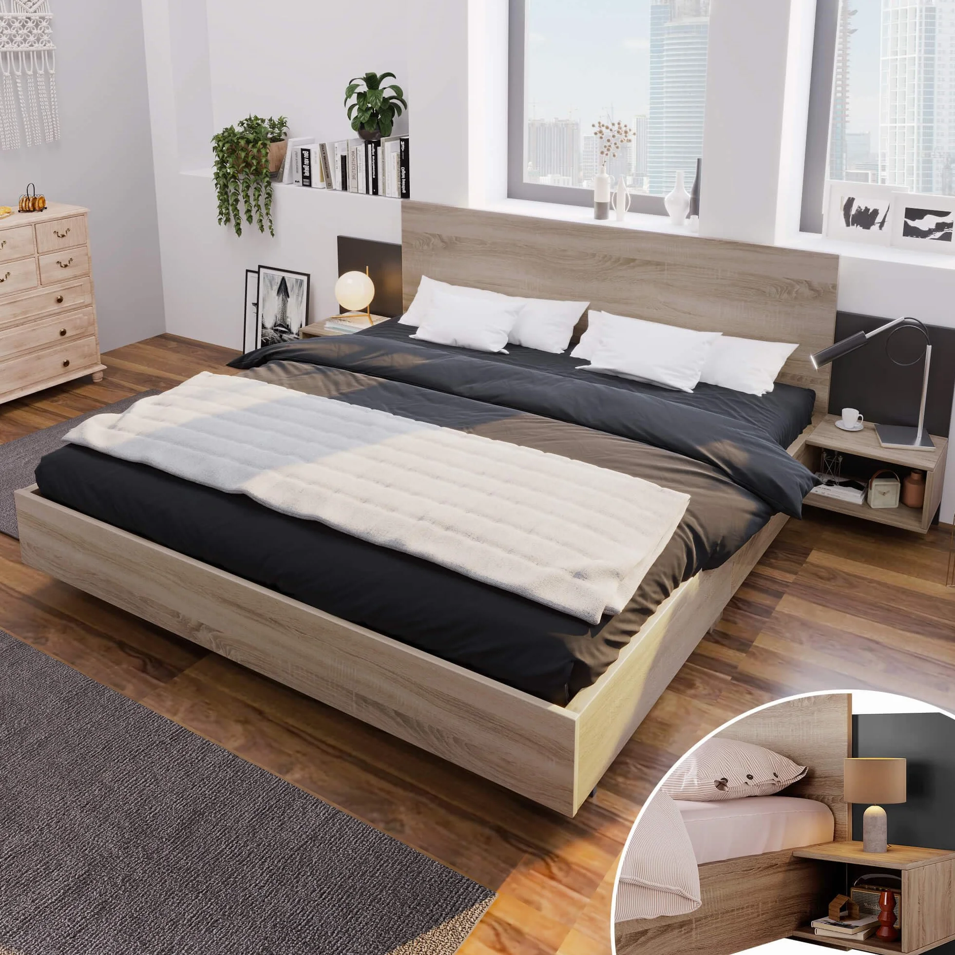Stilvolle Doppelbett Bettanlage 160 x 200 cm, Mit 2 Nachtkommoden Modernes Bett inkl, Schlafzimmer Komplett Set-205.5x235x76.5 cm(T/B/H) Set in Eiche Sonoma (Ohne Matratze)