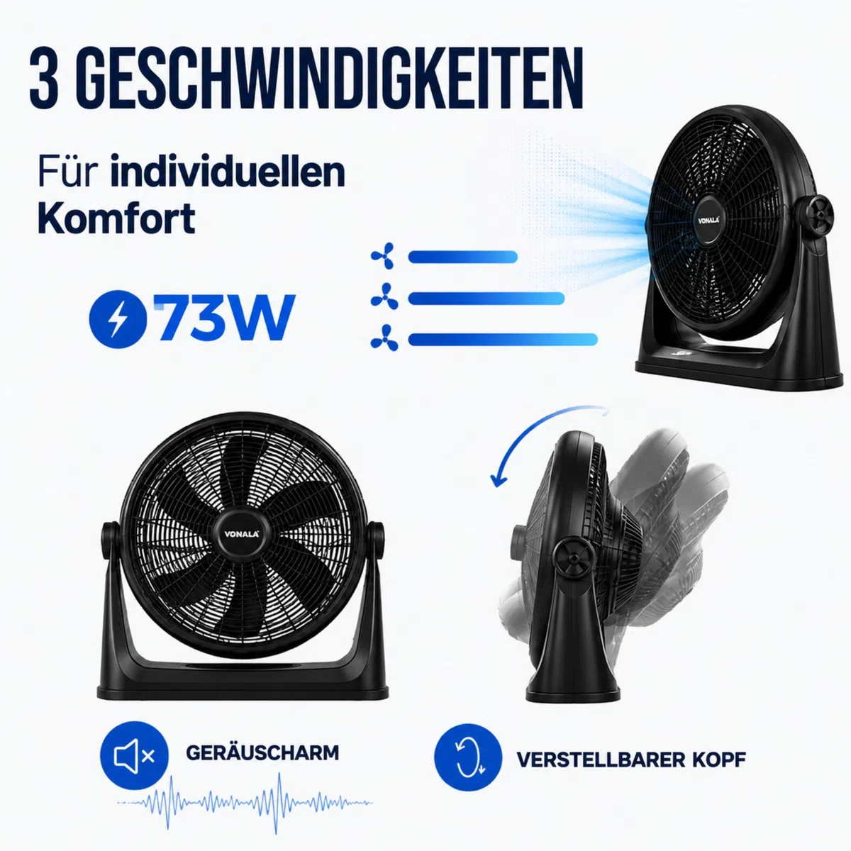 Vonala Industrieller Boden- und Wandventilator, leistungsstark, 50 cm, leise, ABS, vibrationsfrei, für den Außen- und Innenbereich, schwarz, leistungsstark, leise, 73 Watt